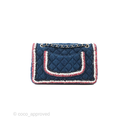 Chanel Classic Flap Bag Dark Blue Denim Braided Silver Hardware 18A