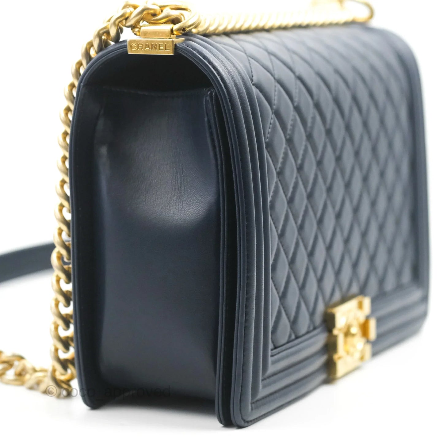 Chanel Quilted New Medium Boy Navy Lambskin Aged Gold Hardware