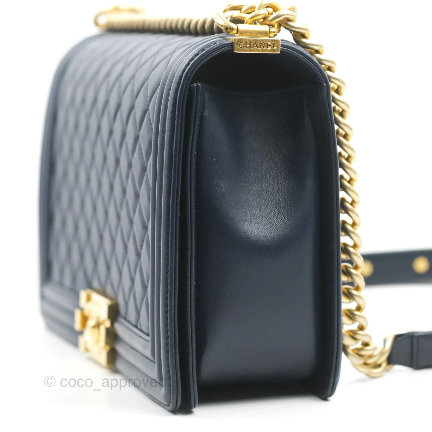 Chanel Quilted New Medium Boy Navy Lambskin Aged Gold Hardware