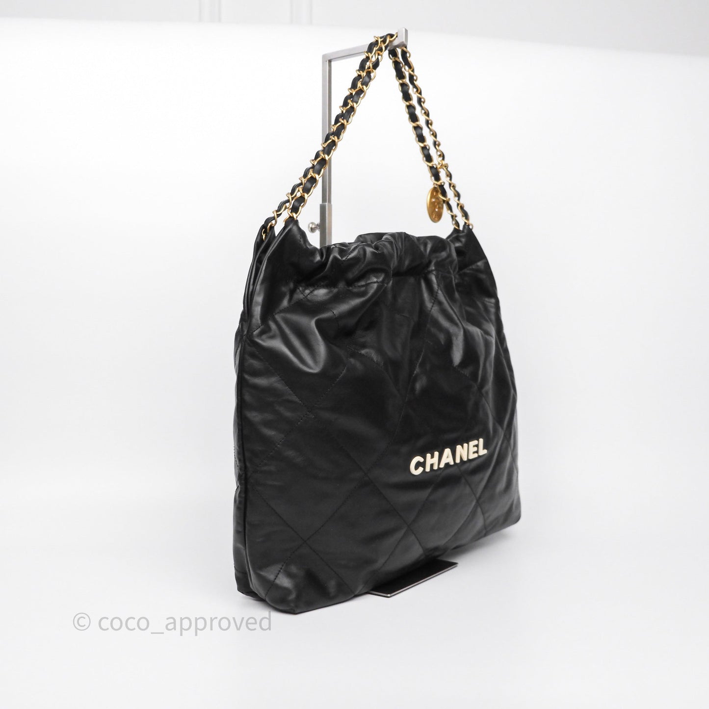Chanel 22 Medium Black Crumpled Calfskin Aged Gold Hardware