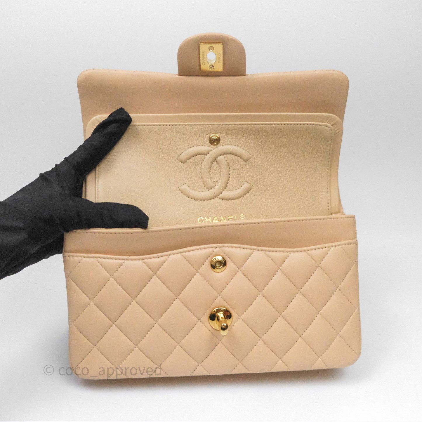 Chanel Small Quilted Classic Flap Beige Lambskin Gold Hardware