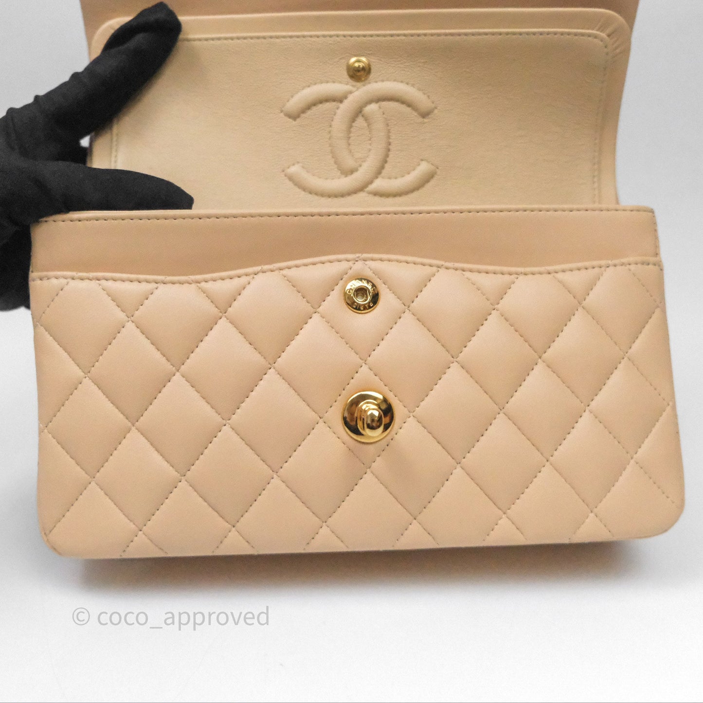 Chanel Small Quilted Classic Flap Beige Lambskin Gold Hardware