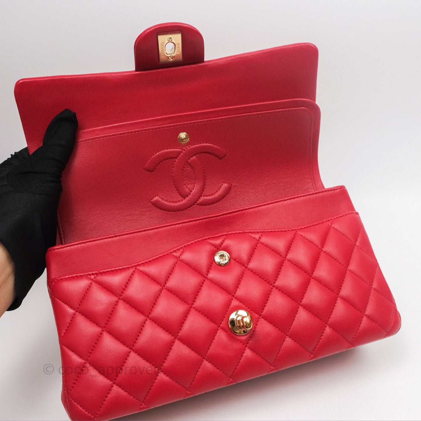 Chanel Classic M/L Medium Double Flap Red Lambskin Gold Hardware