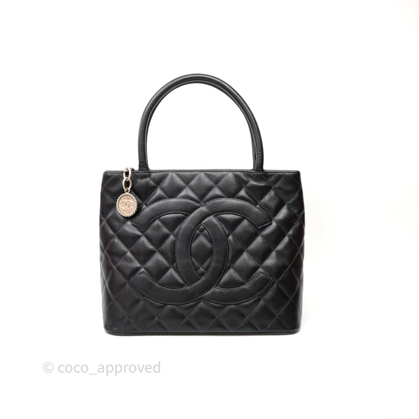 Chanel Vintage Medallion CC Black Caviar Tote Bag Silver Hardware