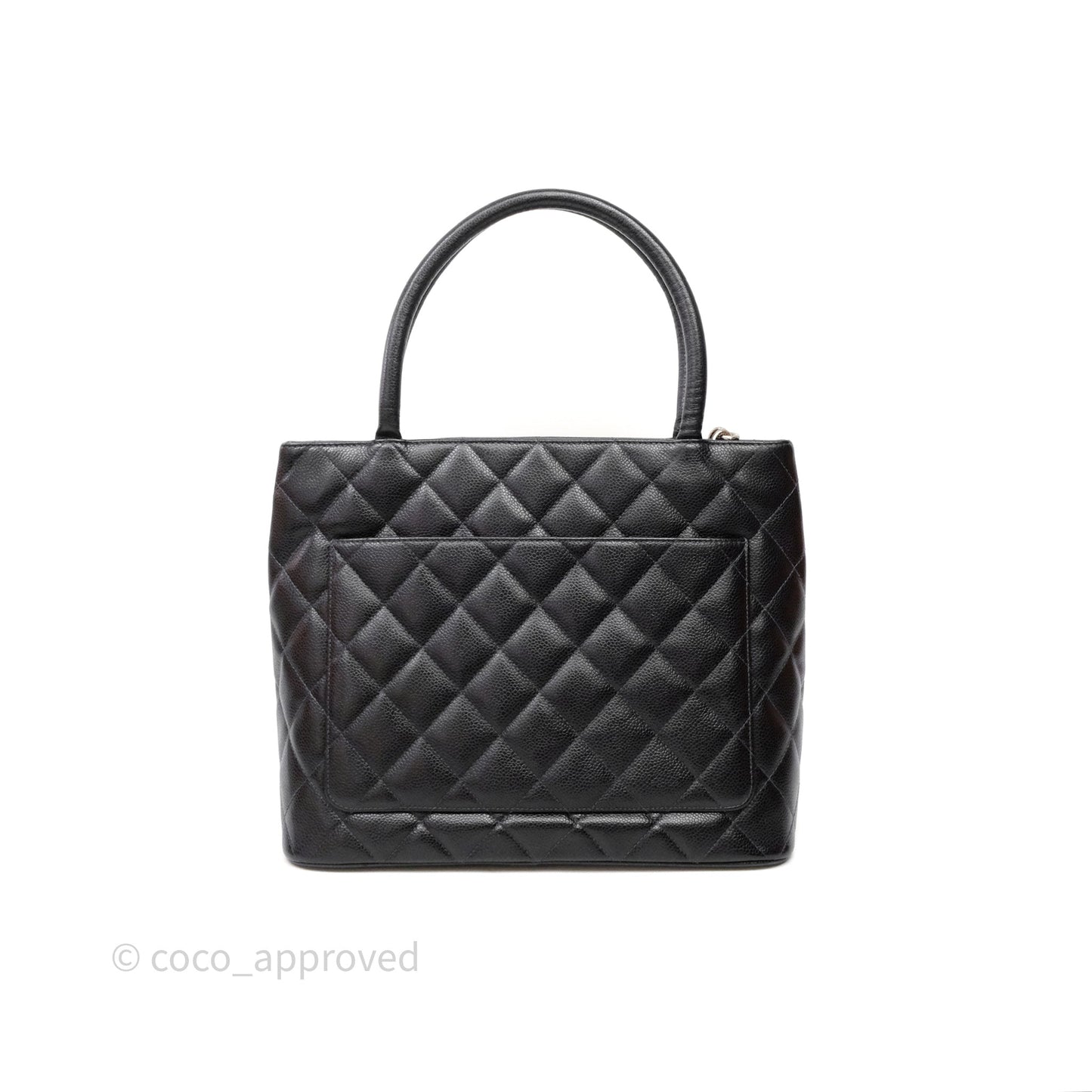 Chanel Vintage Medallion CC Black Caviar Tote Bag Silver Hardware