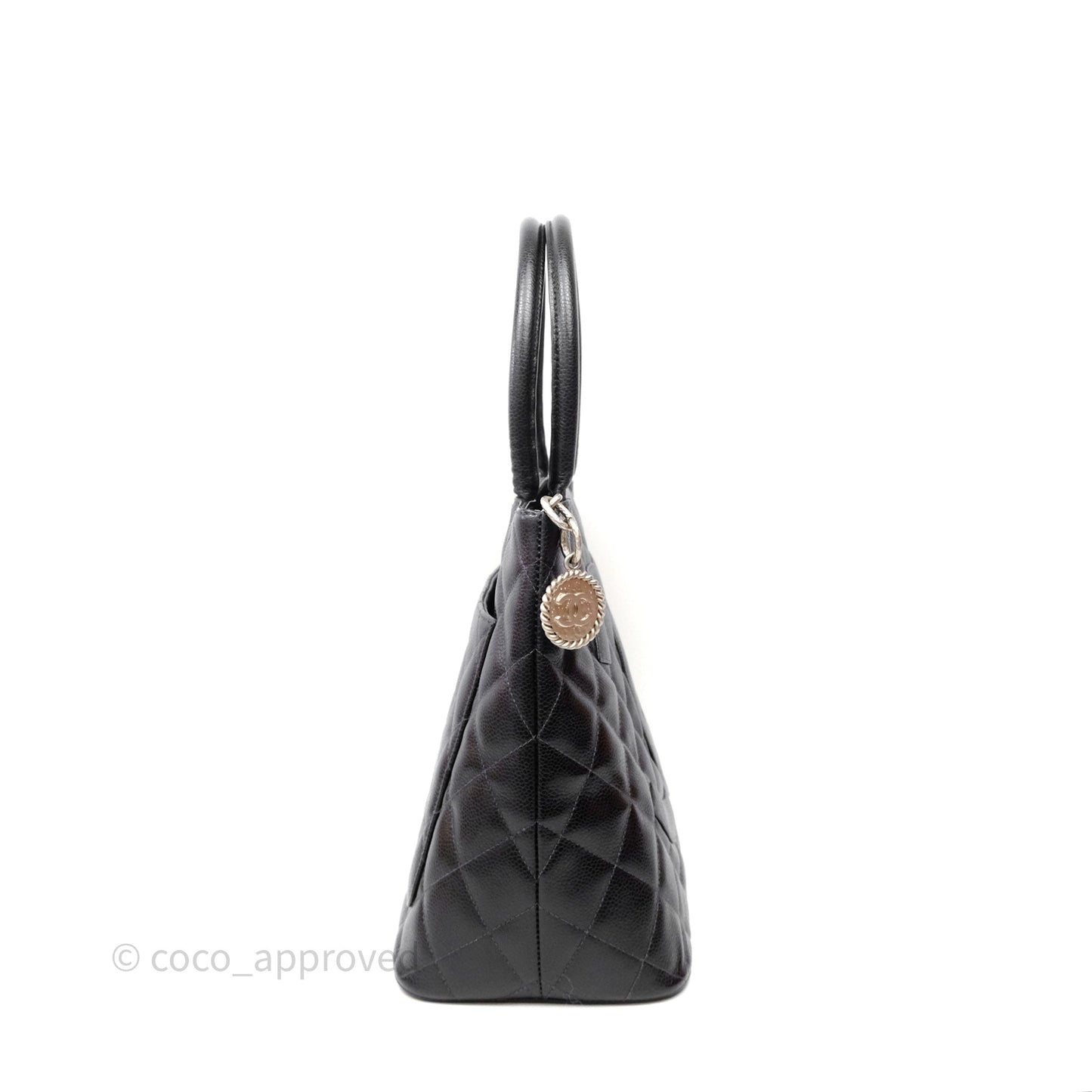 Chanel Vintage Medallion CC Black Caviar Tote Bag Silver Hardware