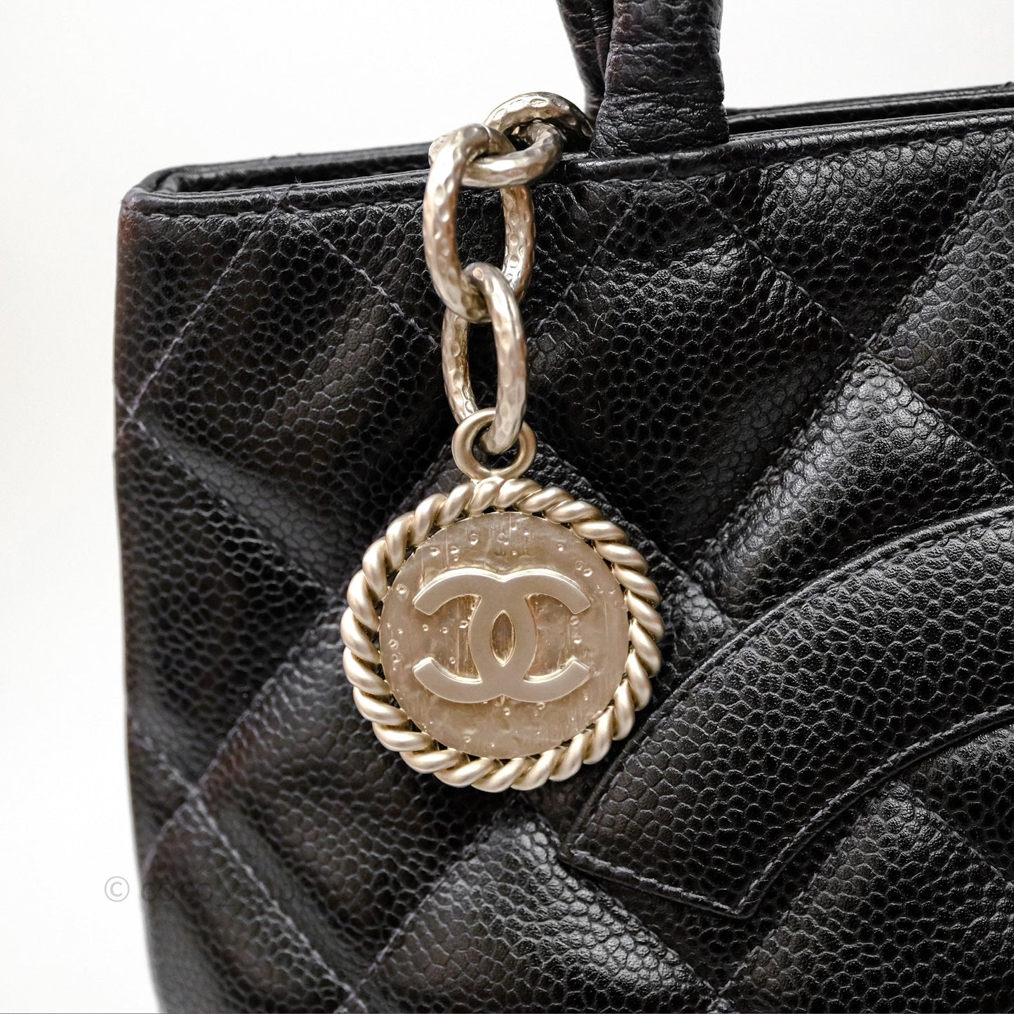 Chanel Vintage Medallion CC Black Caviar Tote Bag Silver Hardware