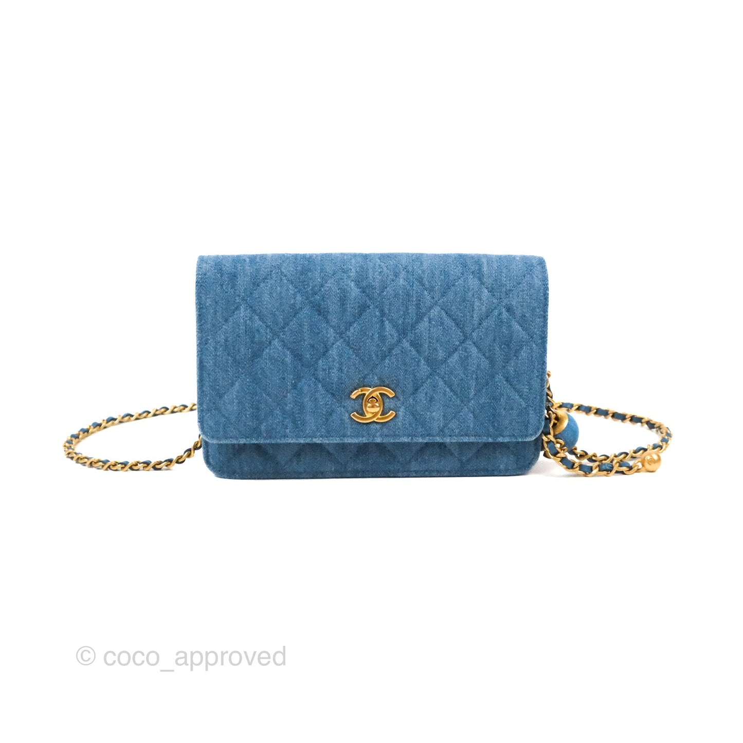 Chanel Quilted Pearl Crush Wallet on Chain WOC Denim Aged Gold Hardware