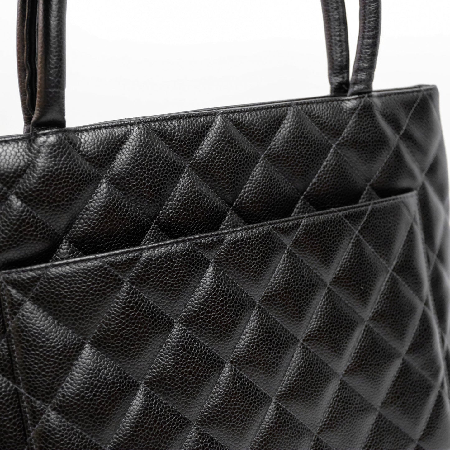 Chanel Vintage Medallion CC Black Caviar Tote Bag Silver Hardware