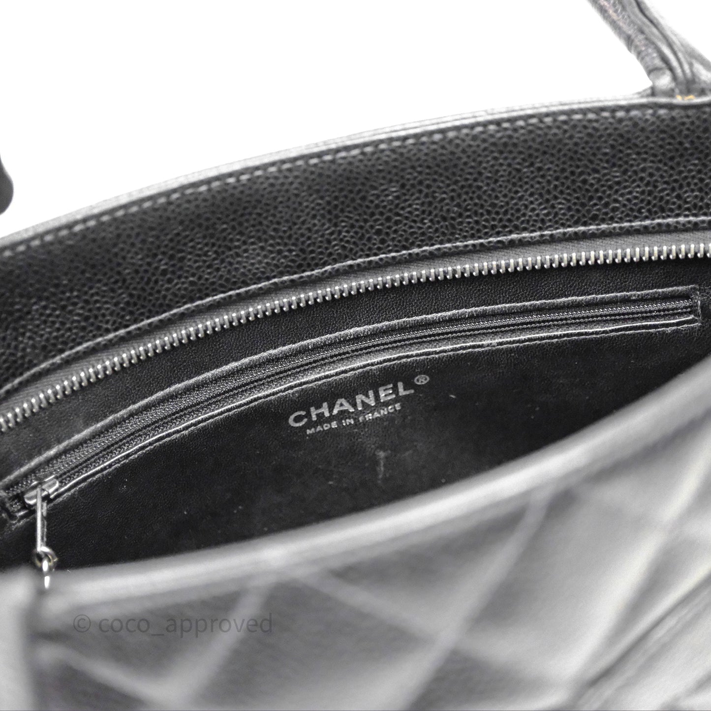 Chanel Vintage Medallion CC Black Caviar Tote Bag Silver Hardware