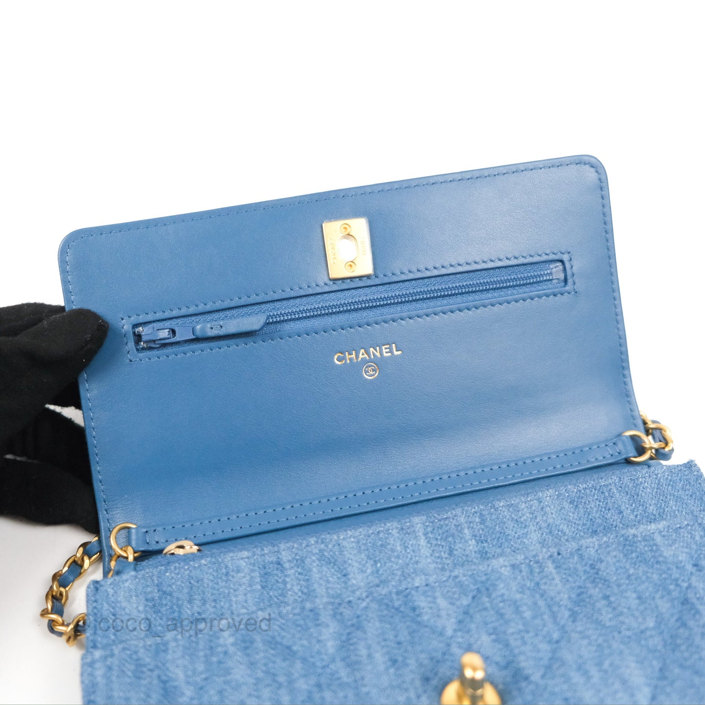 Chanel Quilted Pearl Crush Wallet on Chain WOC Denim Aged Gold Hardware