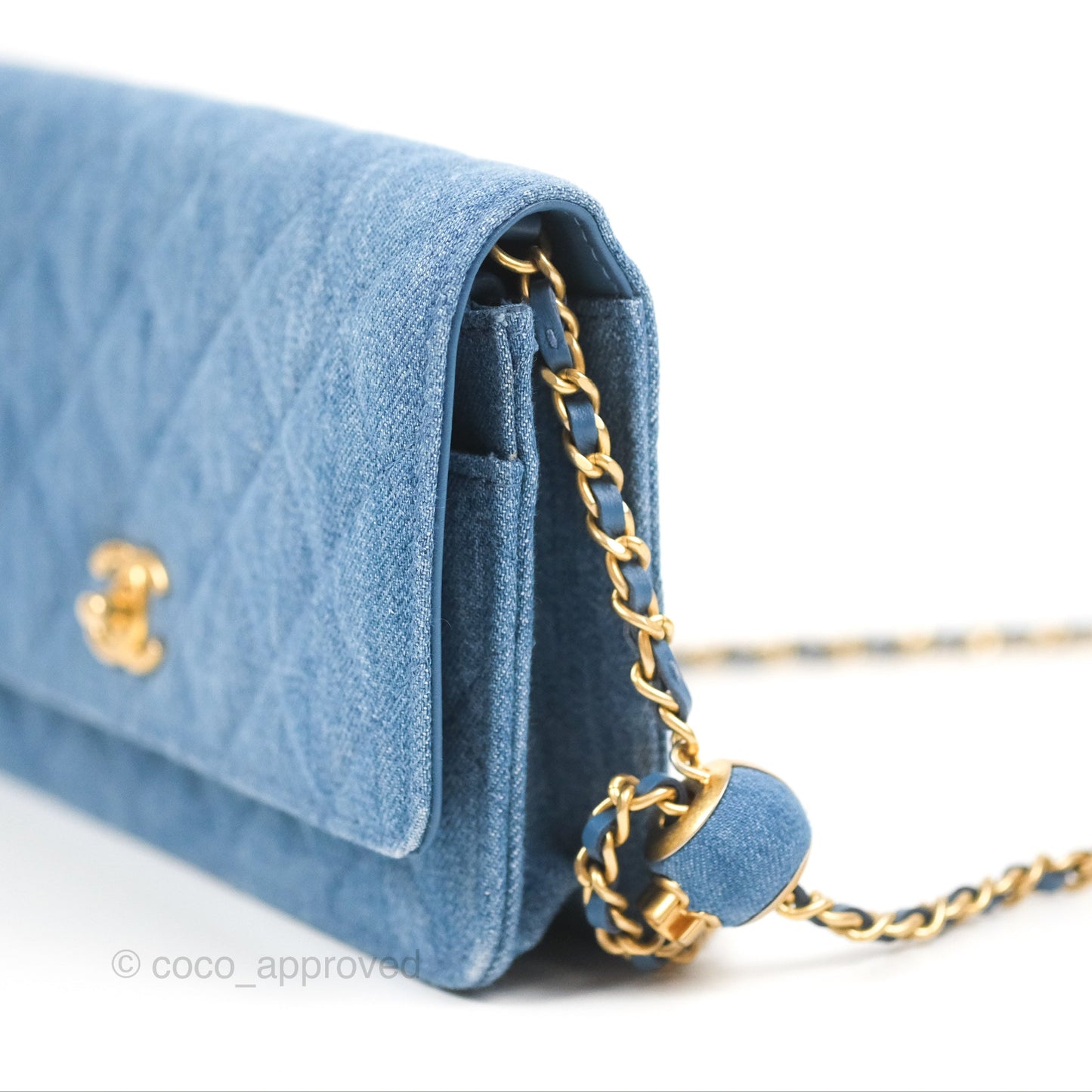 Chanel Quilted Pearl Crush Wallet on Chain WOC Denim Aged Gold Hardware