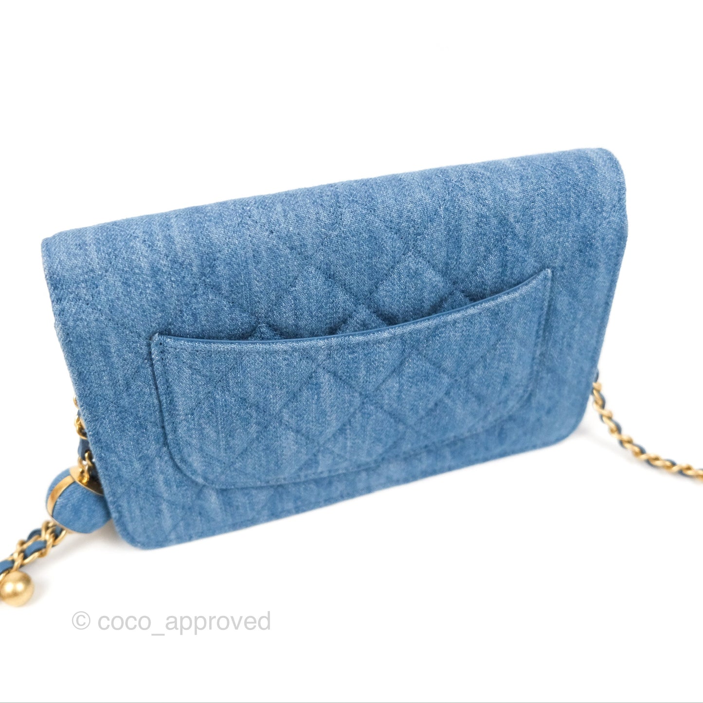 Chanel Quilted Pearl Crush Wallet on Chain WOC Denim Aged Gold Hardware