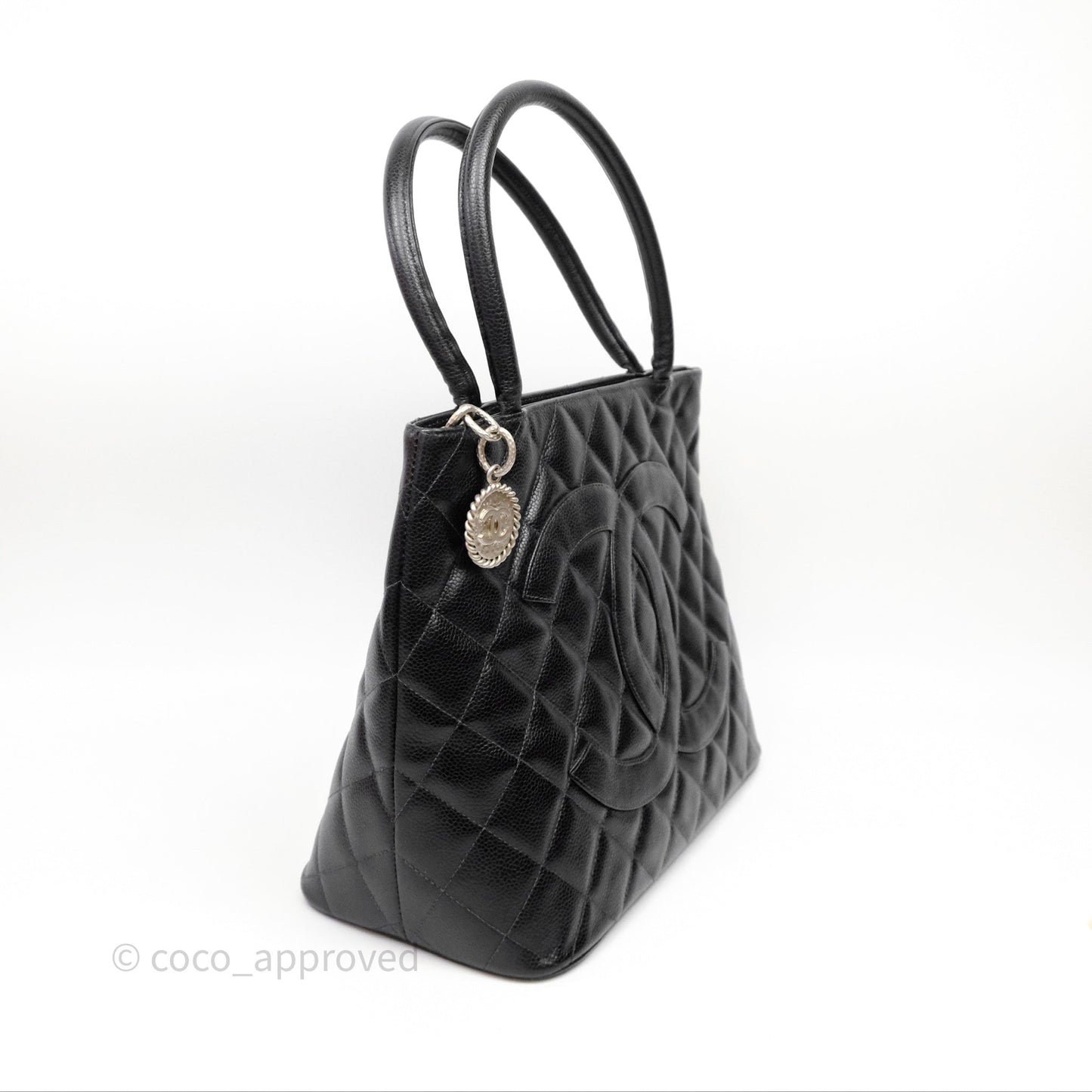 Chanel Vintage Medallion CC Black Caviar Tote Bag Silver Hardware
