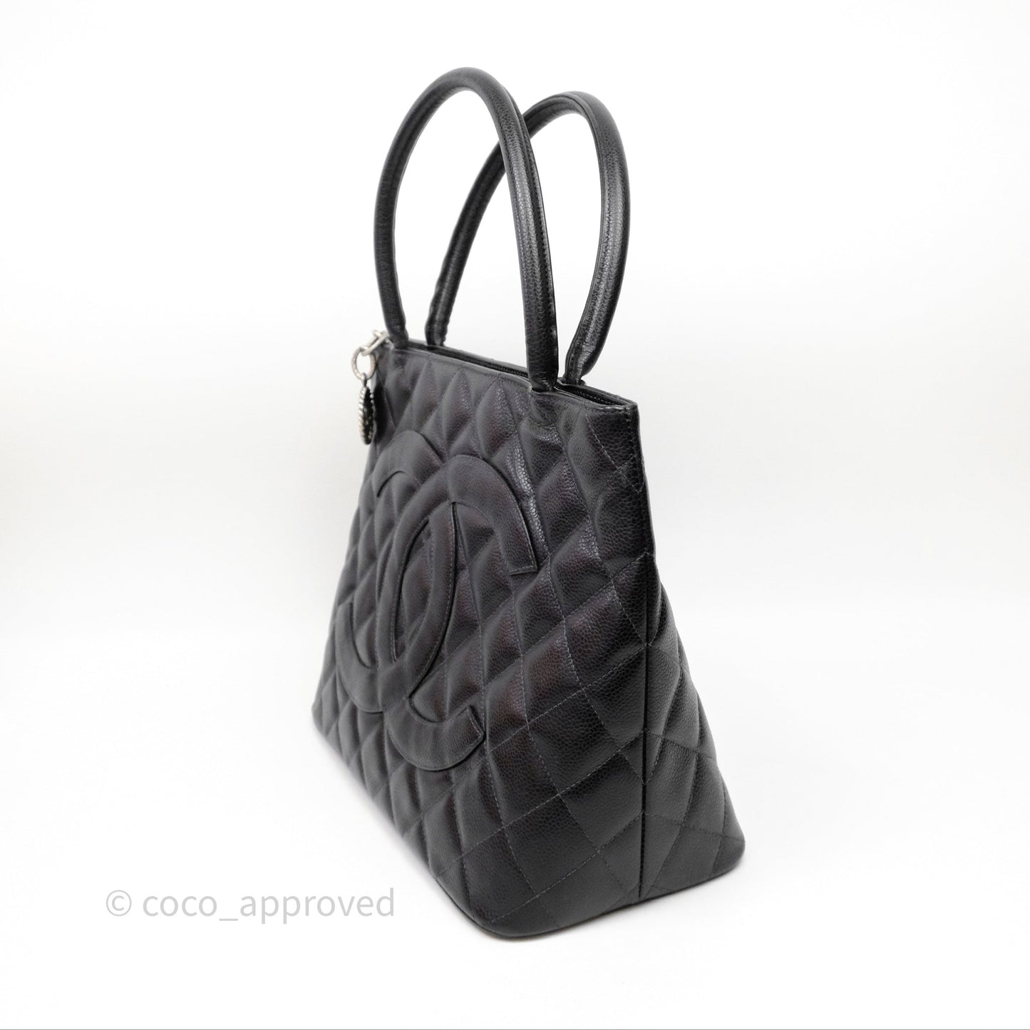 Chanel Vintage Medallion CC Black Caviar Tote Bag Silver Hardware