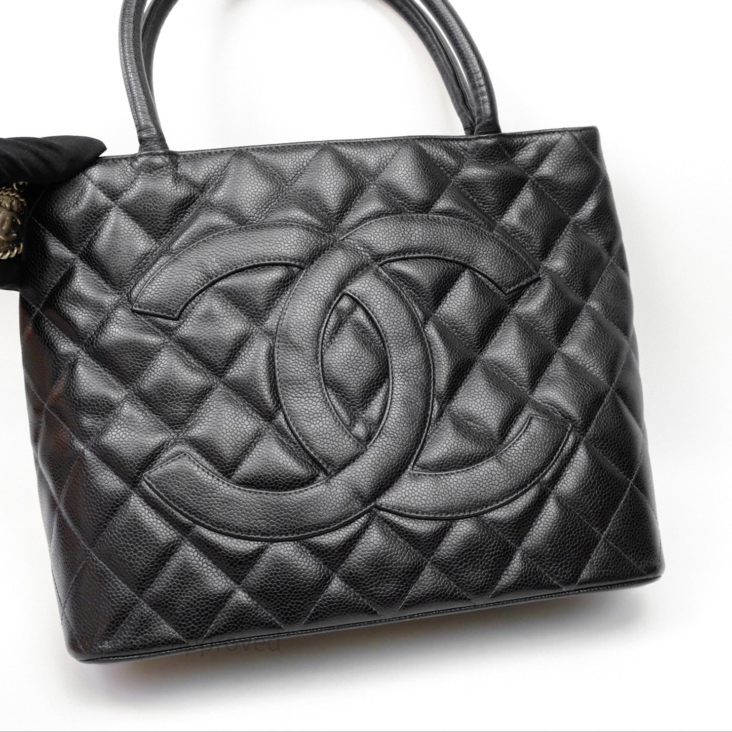 Chanel Vintage Medallion CC Black Caviar Tote Bag Silver Hardware