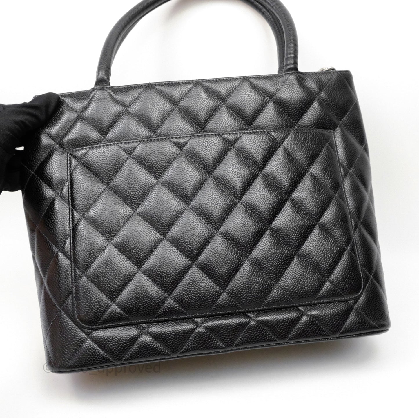 Chanel Vintage Medallion CC Black Caviar Tote Bag Silver Hardware