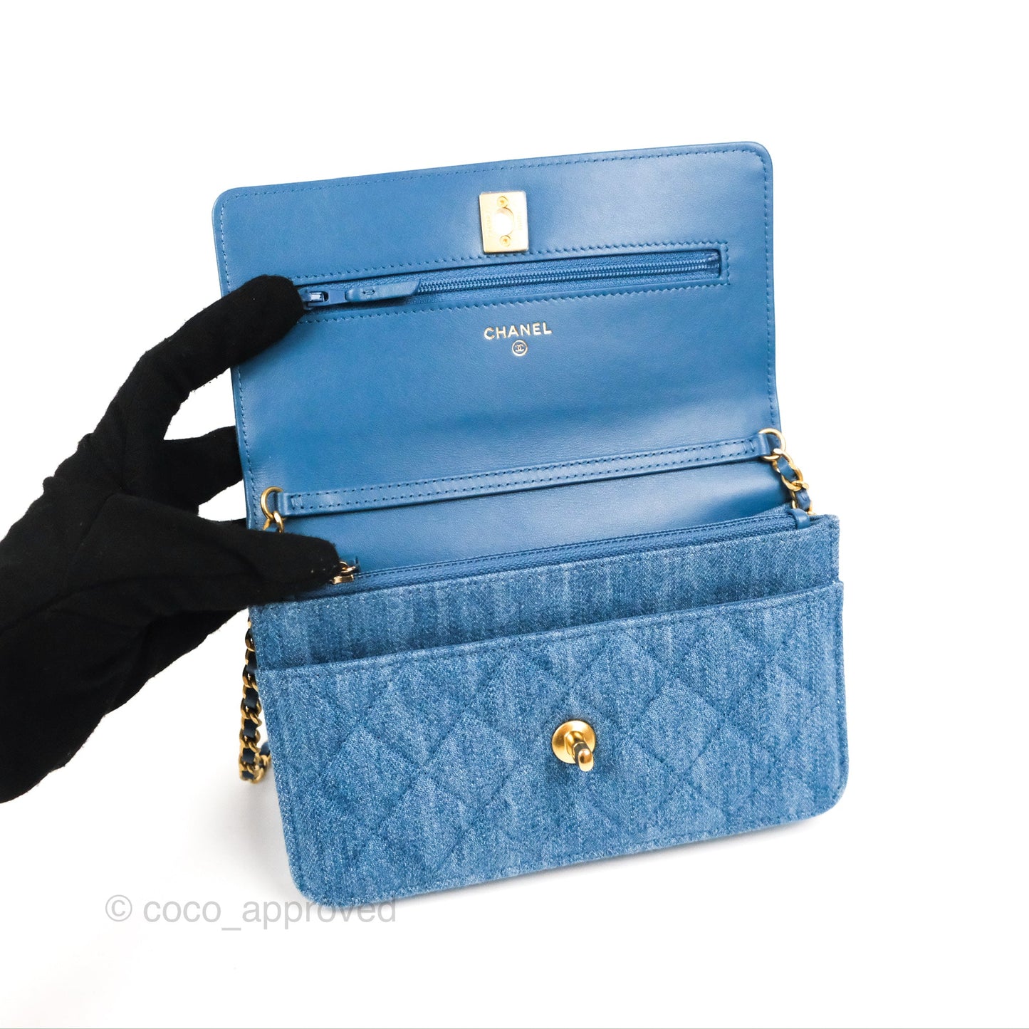 Chanel Quilted Pearl Crush Wallet on Chain WOC Denim Aged Gold Hardware