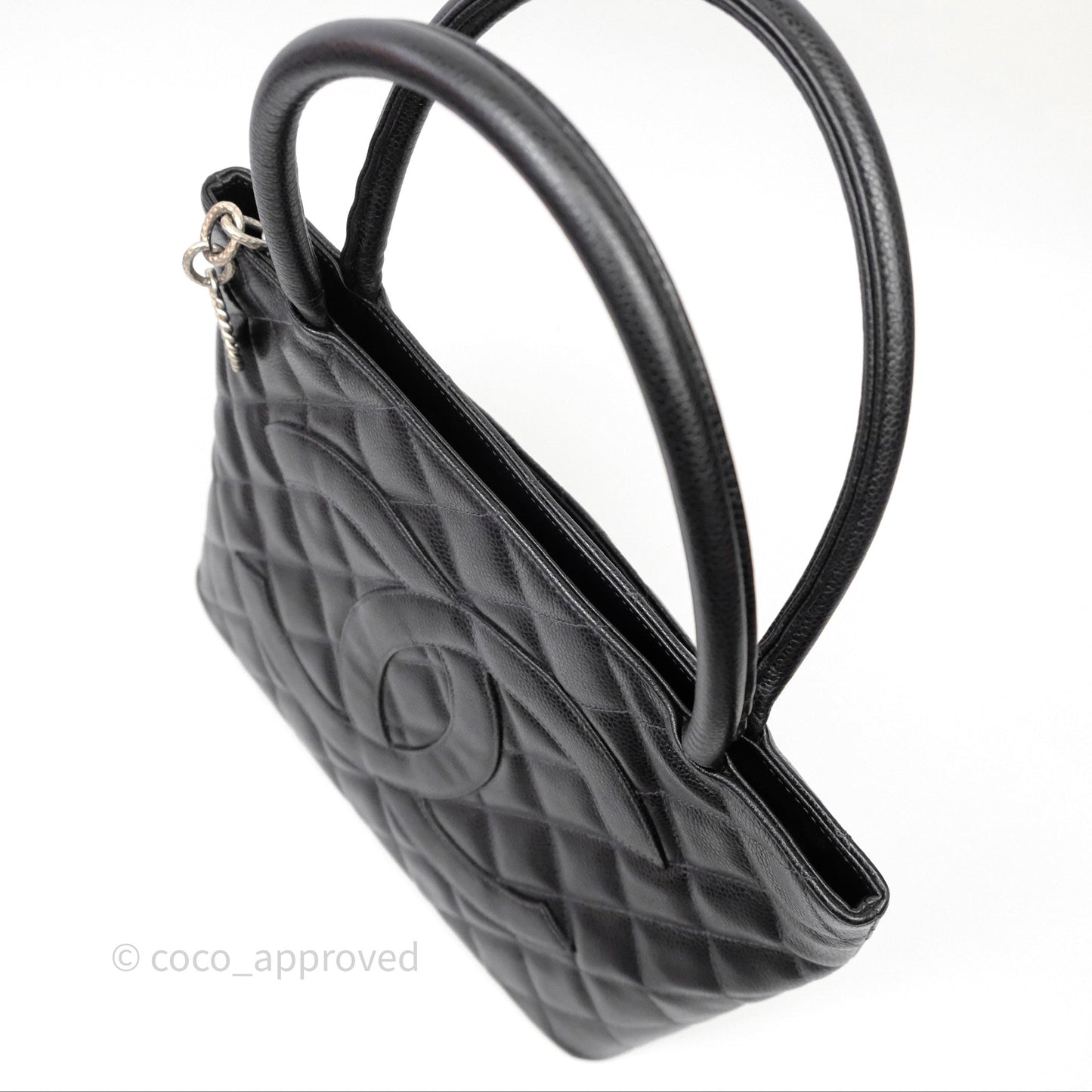 Chanel Vintage Medallion CC Black Caviar Tote Bag Silver Hardware