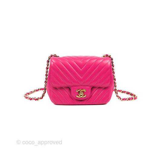Chanel Chevron Mini Square Flap Pink Lambskin Gold Hardware