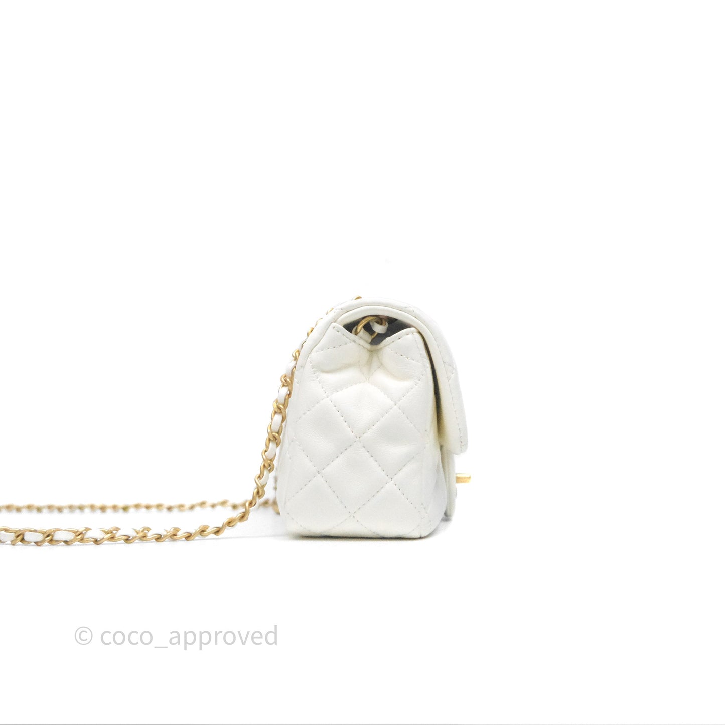 Chanel Mini Rectangular Pearl Crush Quilted White Lambskin Aged Gold Hardware