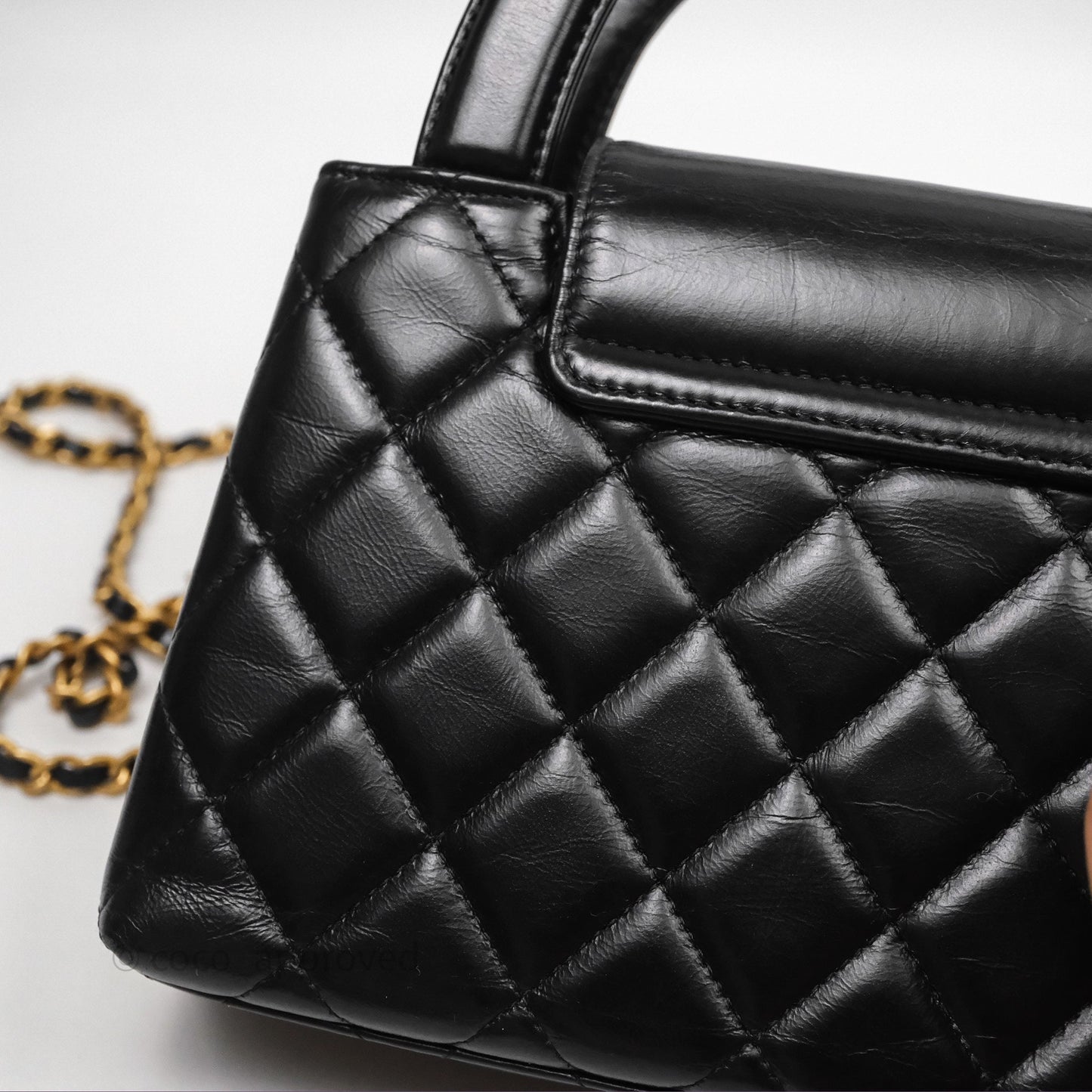 Chanel Kelly Bag Quilted Black Shiny Crumpled Calfskin Aged Gold Hardware