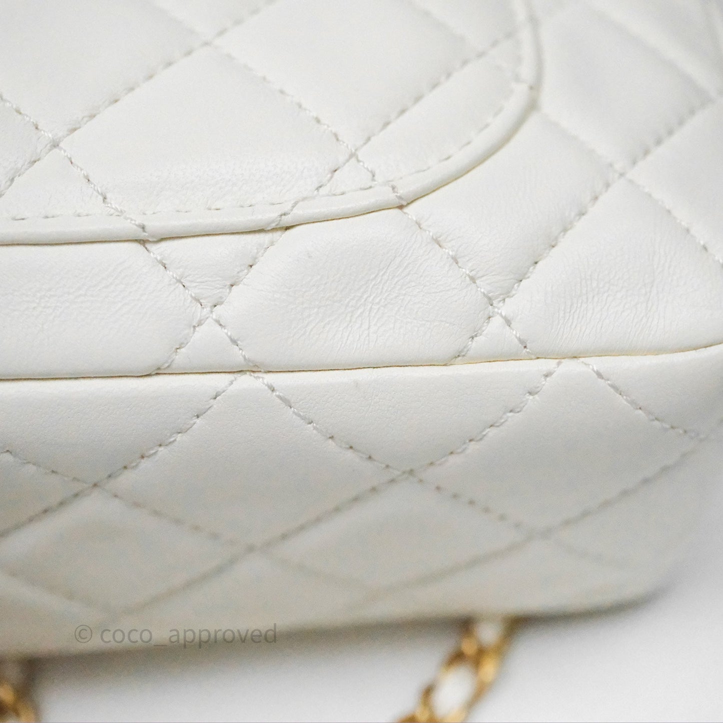 Chanel Mini Rectangular Pearl Crush Quilted White Lambskin Aged Gold Hardware
