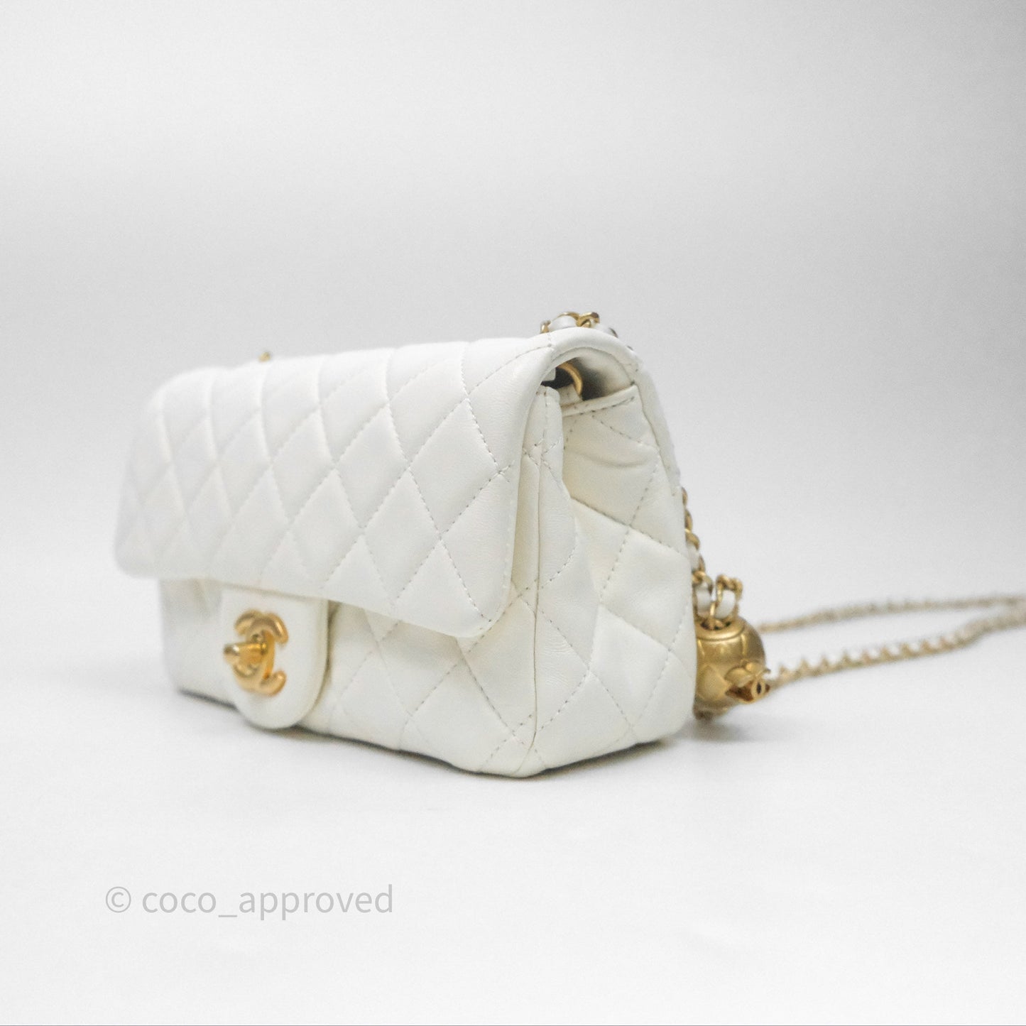 Chanel Mini Rectangular Pearl Crush Quilted White Lambskin Aged Gold Hardware