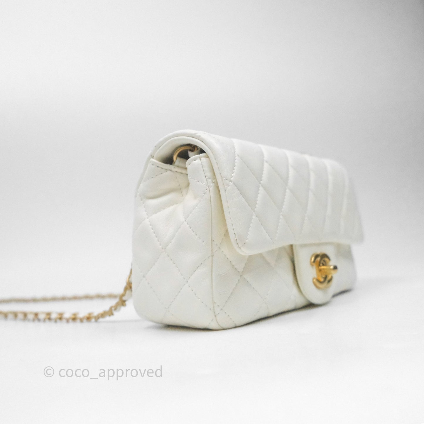 Chanel Mini Rectangular Pearl Crush Quilted White Lambskin Aged Gold Hardware
