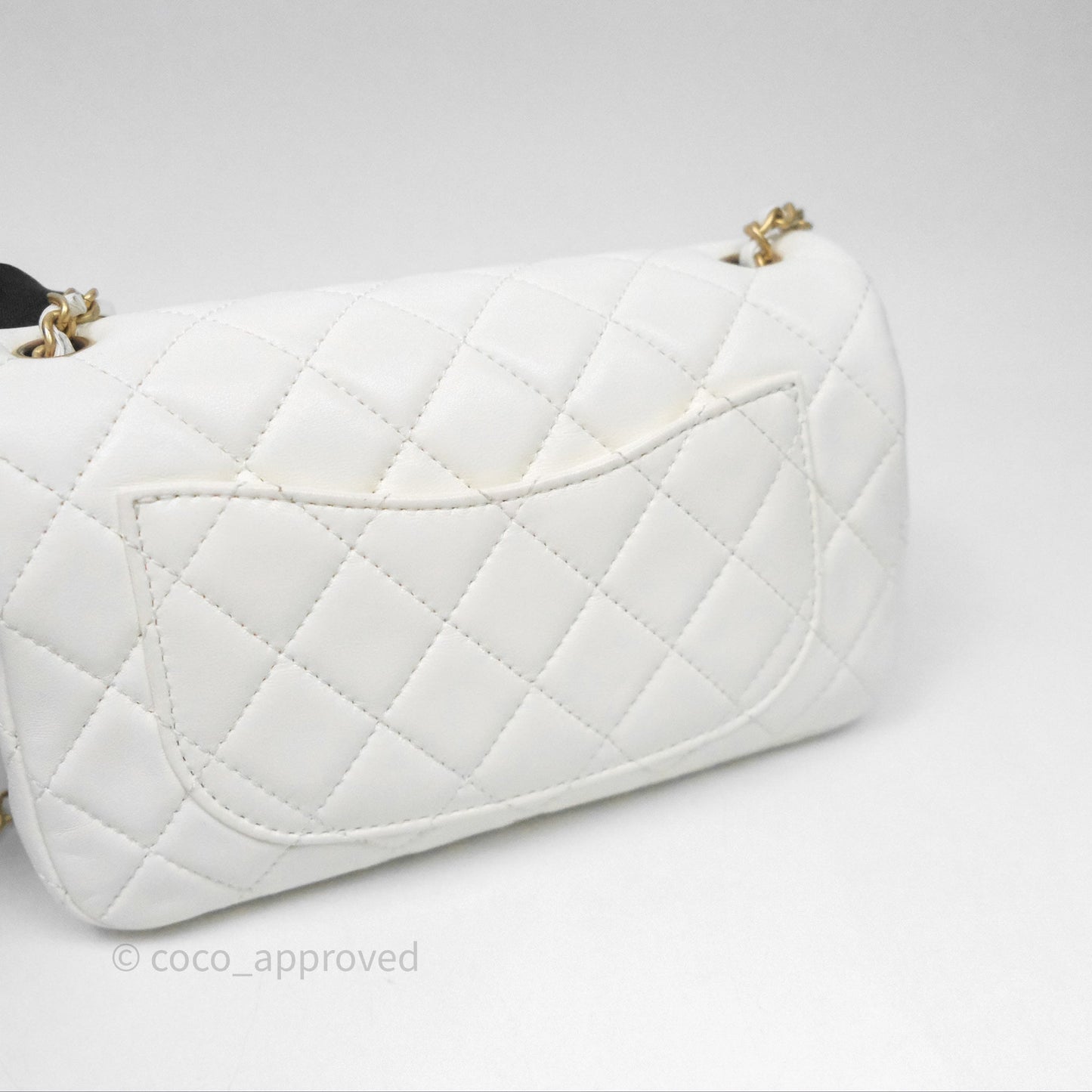Chanel Mini Rectangular Pearl Crush Quilted White Lambskin Aged Gold Hardware