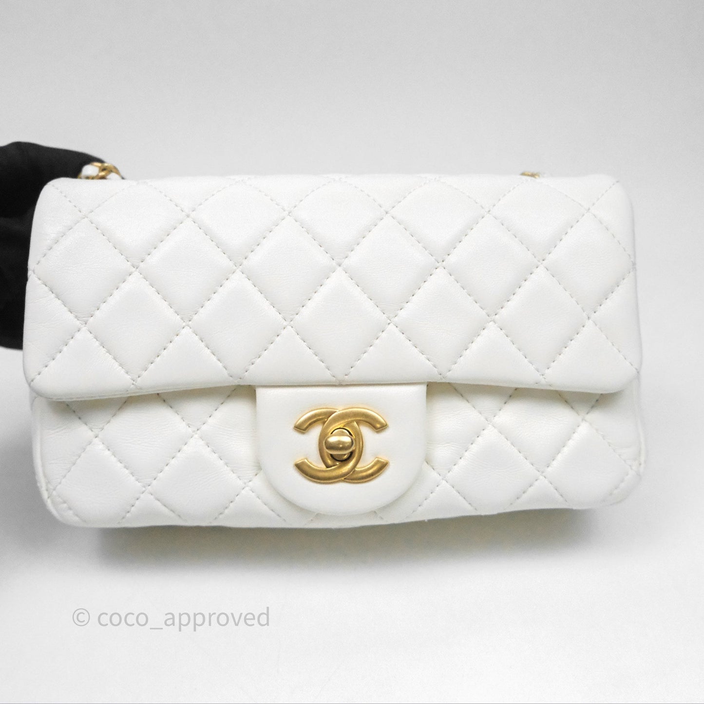 Chanel Mini Rectangular Pearl Crush Quilted White Lambskin Aged Gold Hardware