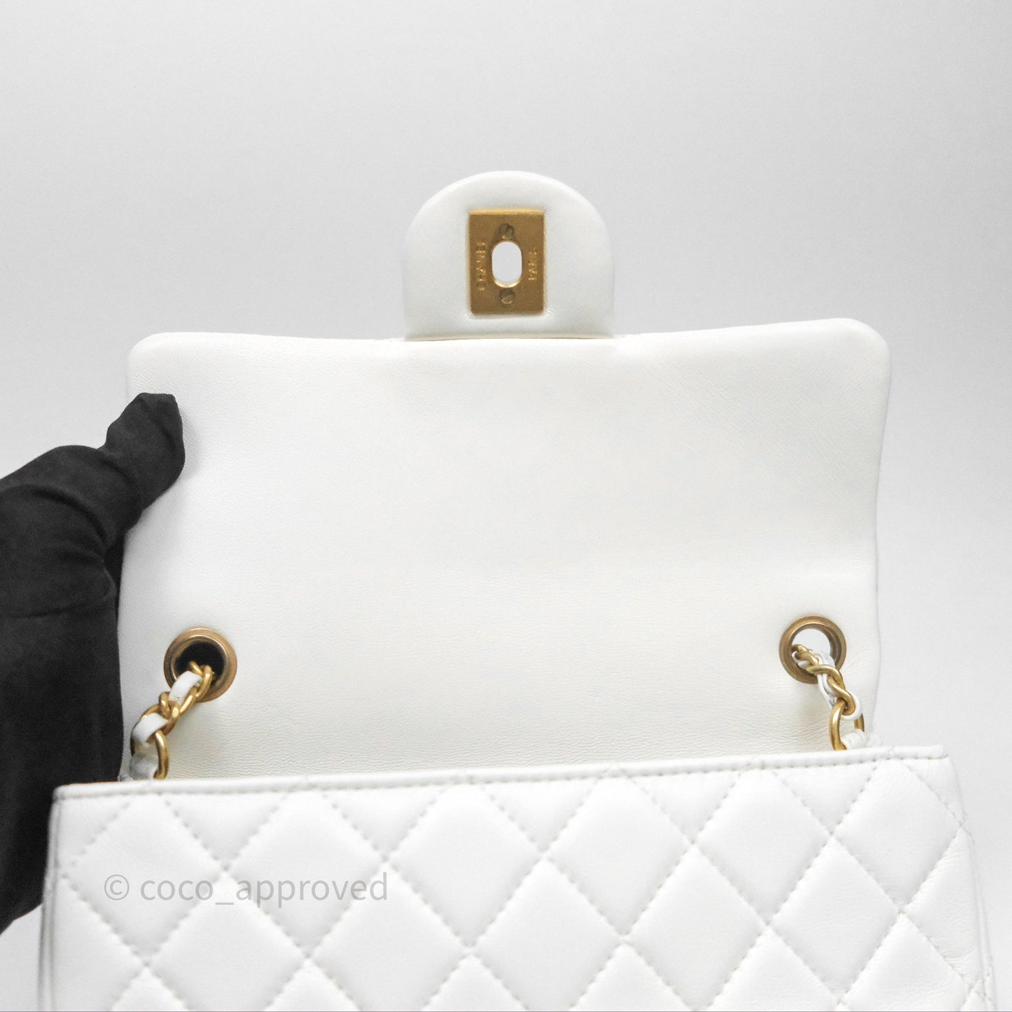 Chanel Mini Rectangular Pearl Crush Quilted White Lambskin Aged Gold Hardware