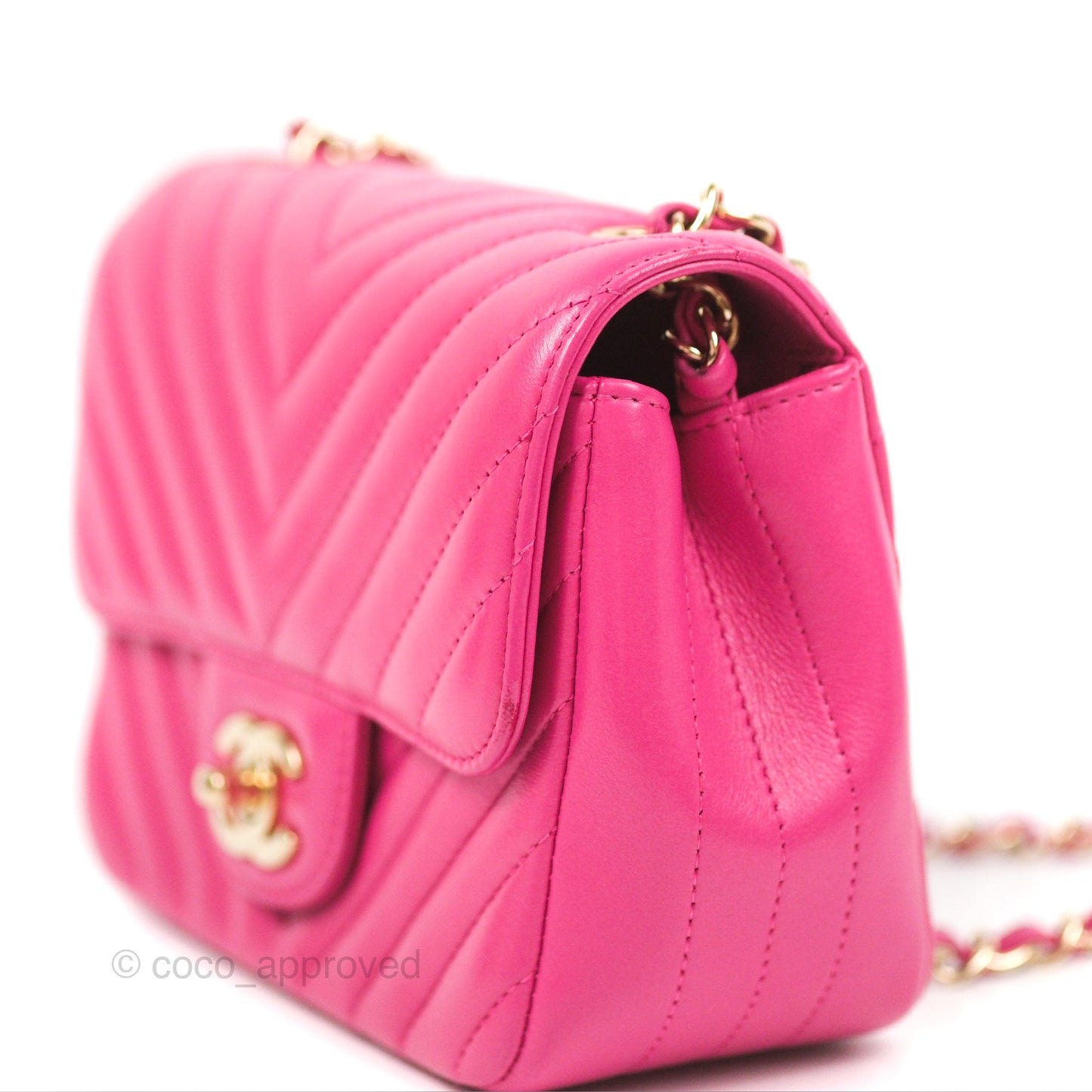 Chanel Chevron Mini Square Flap Pink Lambskin Gold Hardware