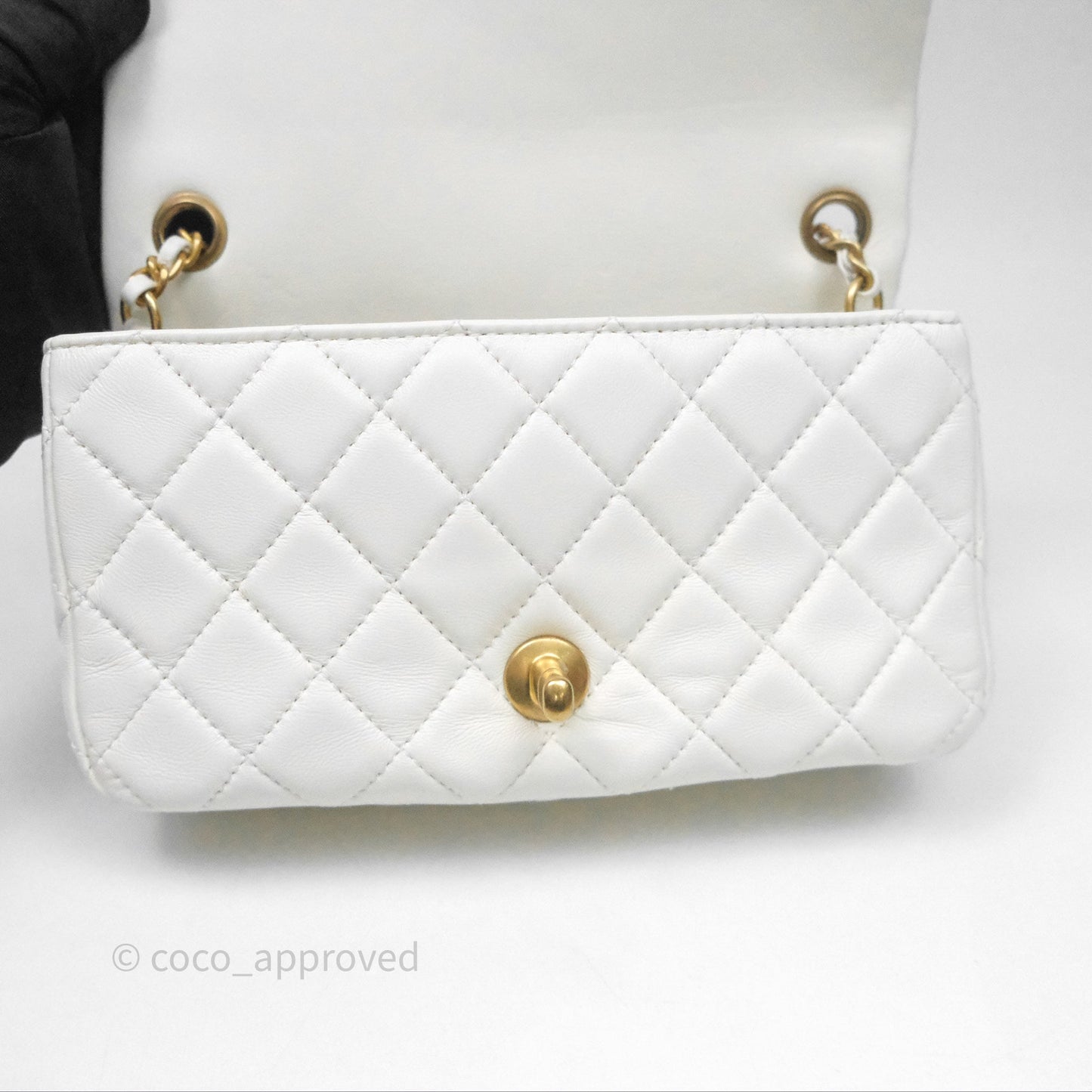 Chanel Mini Rectangular Pearl Crush Quilted White Lambskin Aged Gold Hardware