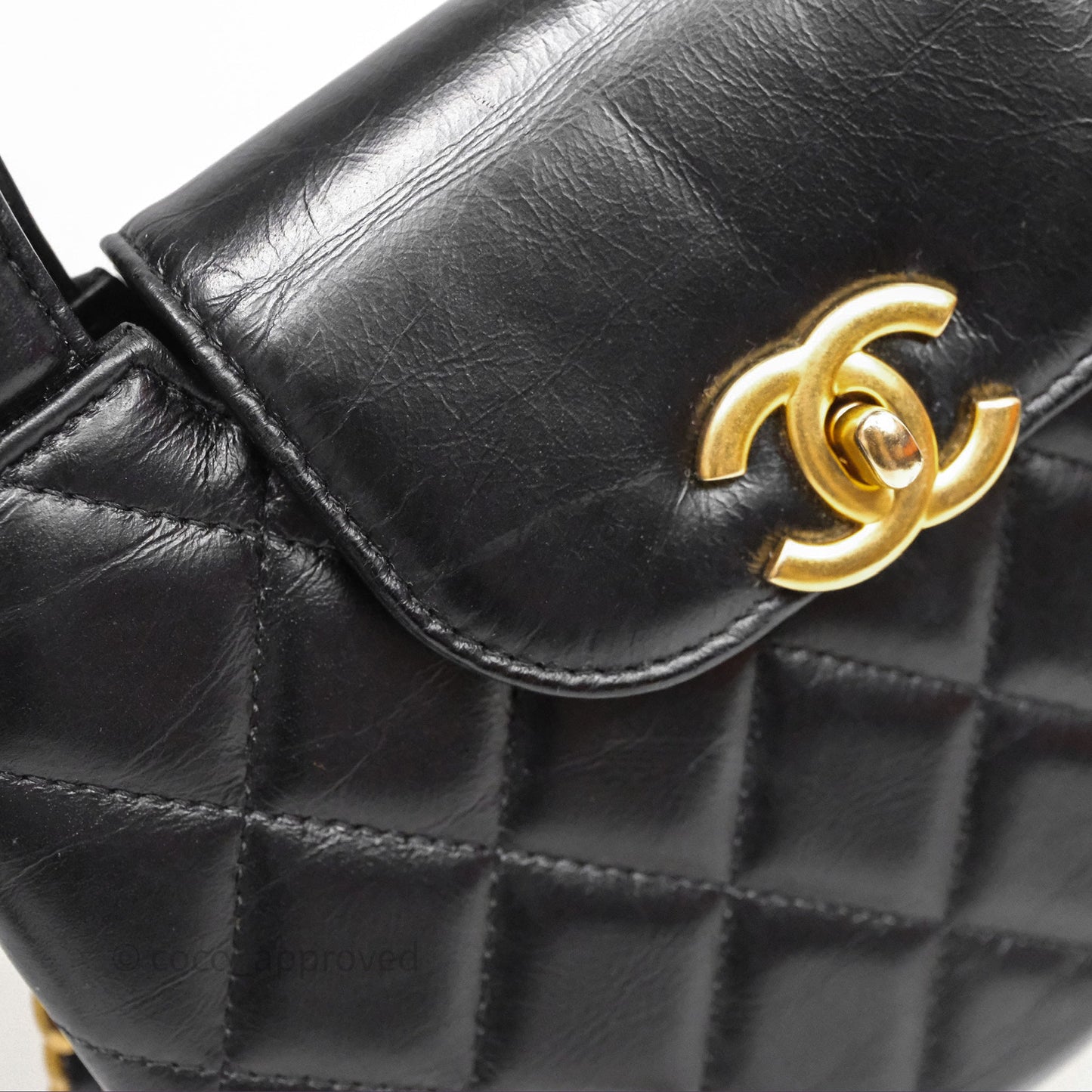 Chanel Kelly Bag Quilted Black Shiny Crumpled Calfskin Aged Gold Hardware