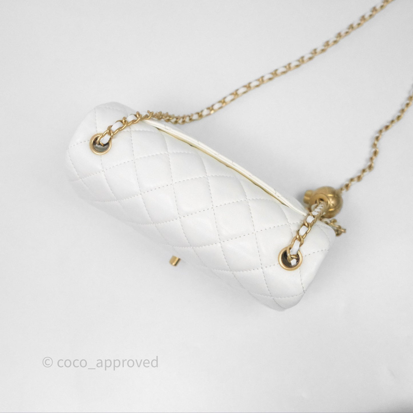 Chanel Mini Rectangular Pearl Crush Quilted White Lambskin Aged Gold Hardware