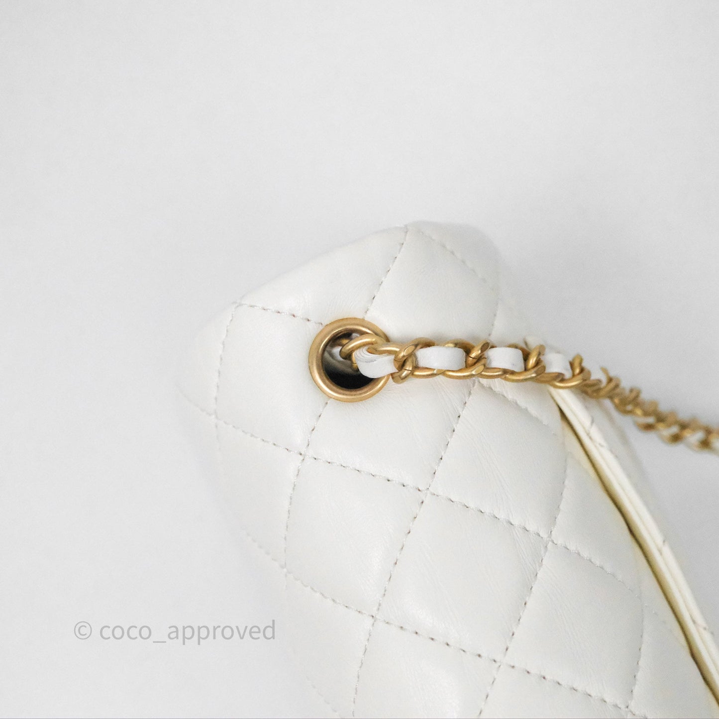 Chanel Mini Rectangular Pearl Crush Quilted White Lambskin Aged Gold Hardware