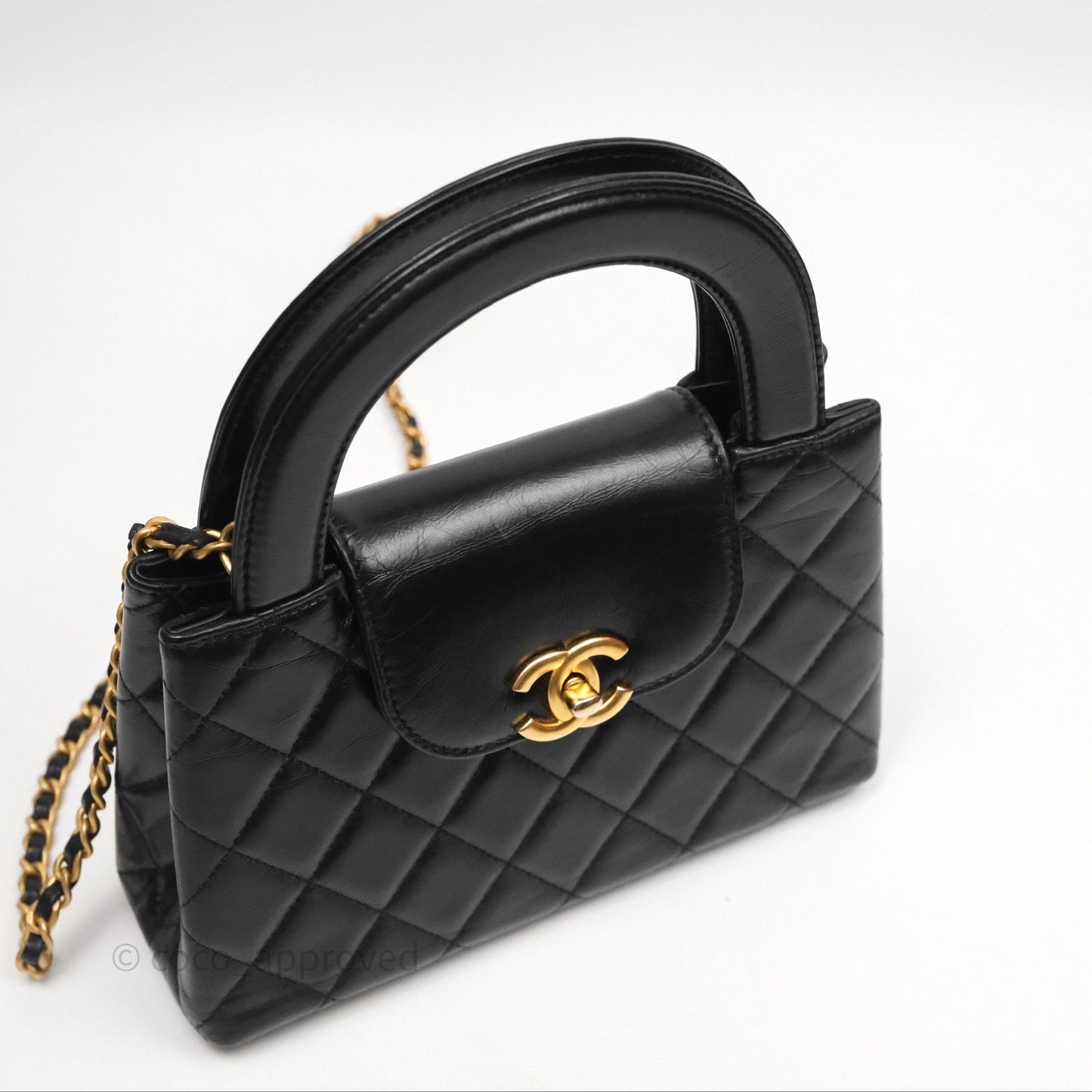 Chanel Kelly Bag Quilted Black Shiny Crumpled Calfskin Aged Gold Hardware
