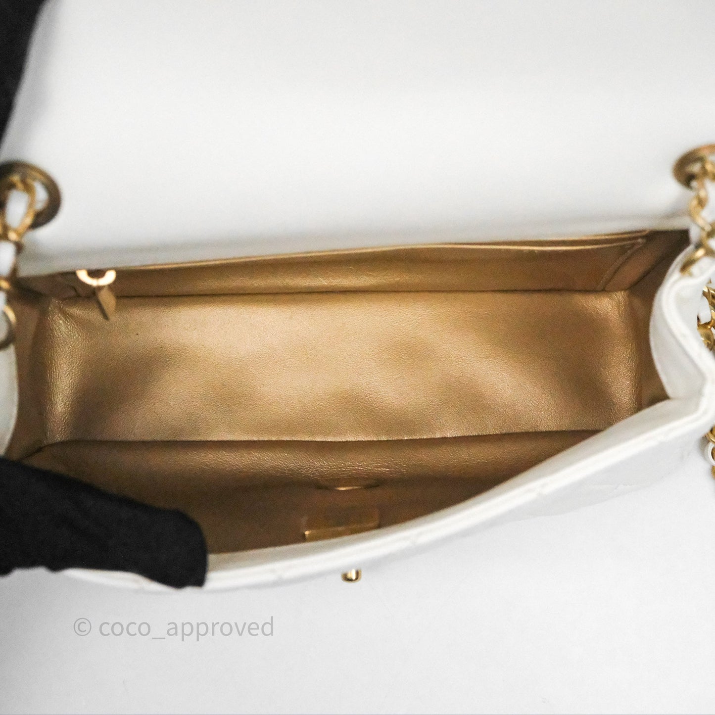 Chanel Mini Rectangular Pearl Crush Quilted White Lambskin Aged Gold Hardware