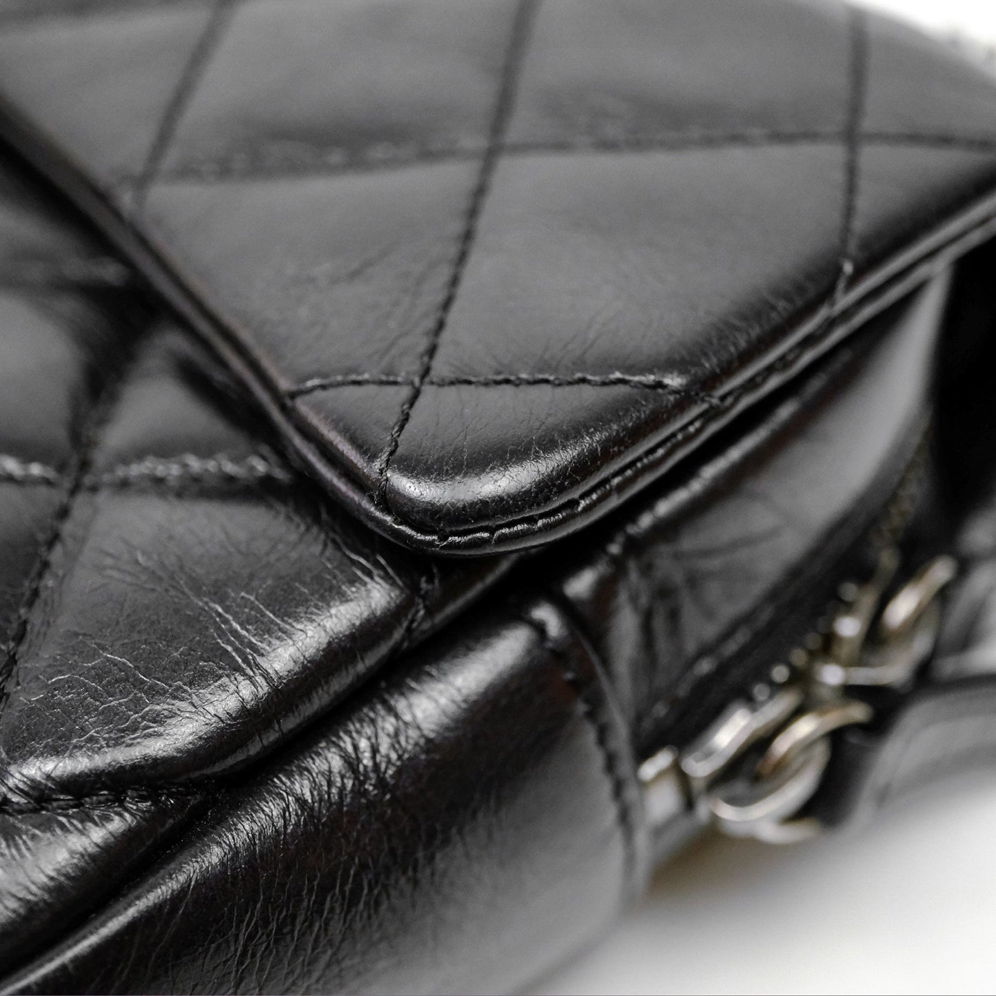 Chanel Flap Bag Black Glazed Calfskin Ruthenium Hardware