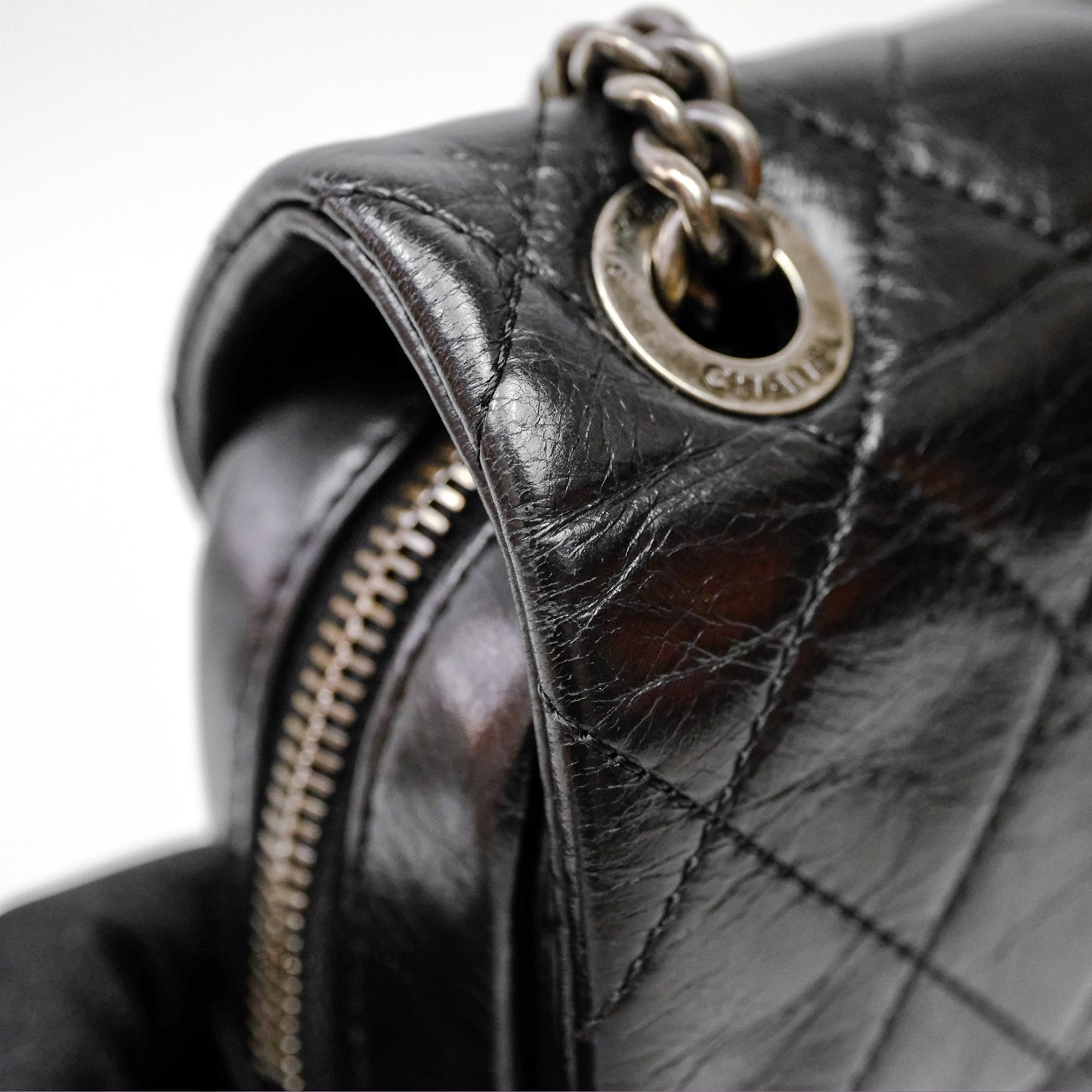 Chanel Flap Bag Black Glazed Calfskin Ruthenium Hardware