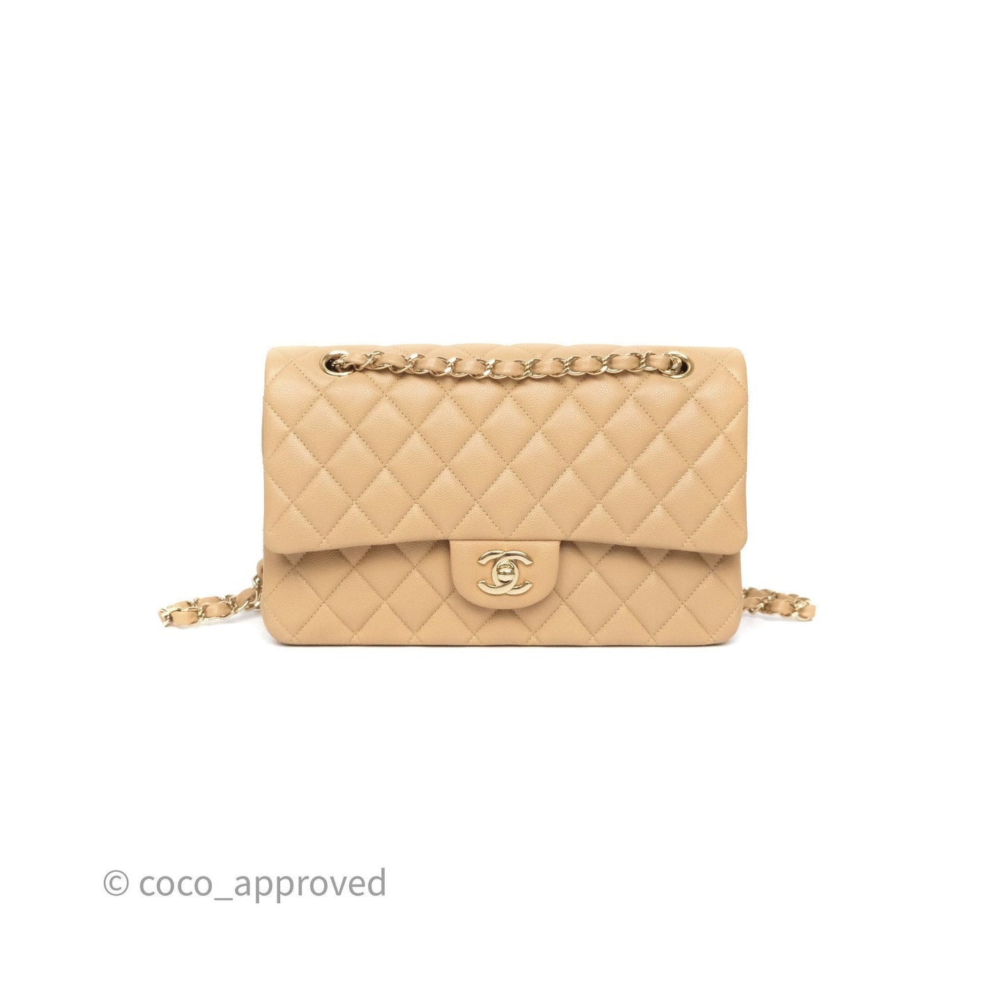 Chanel Classic M/L Medium Flap Quilted Beige Caviar Gold Hardware