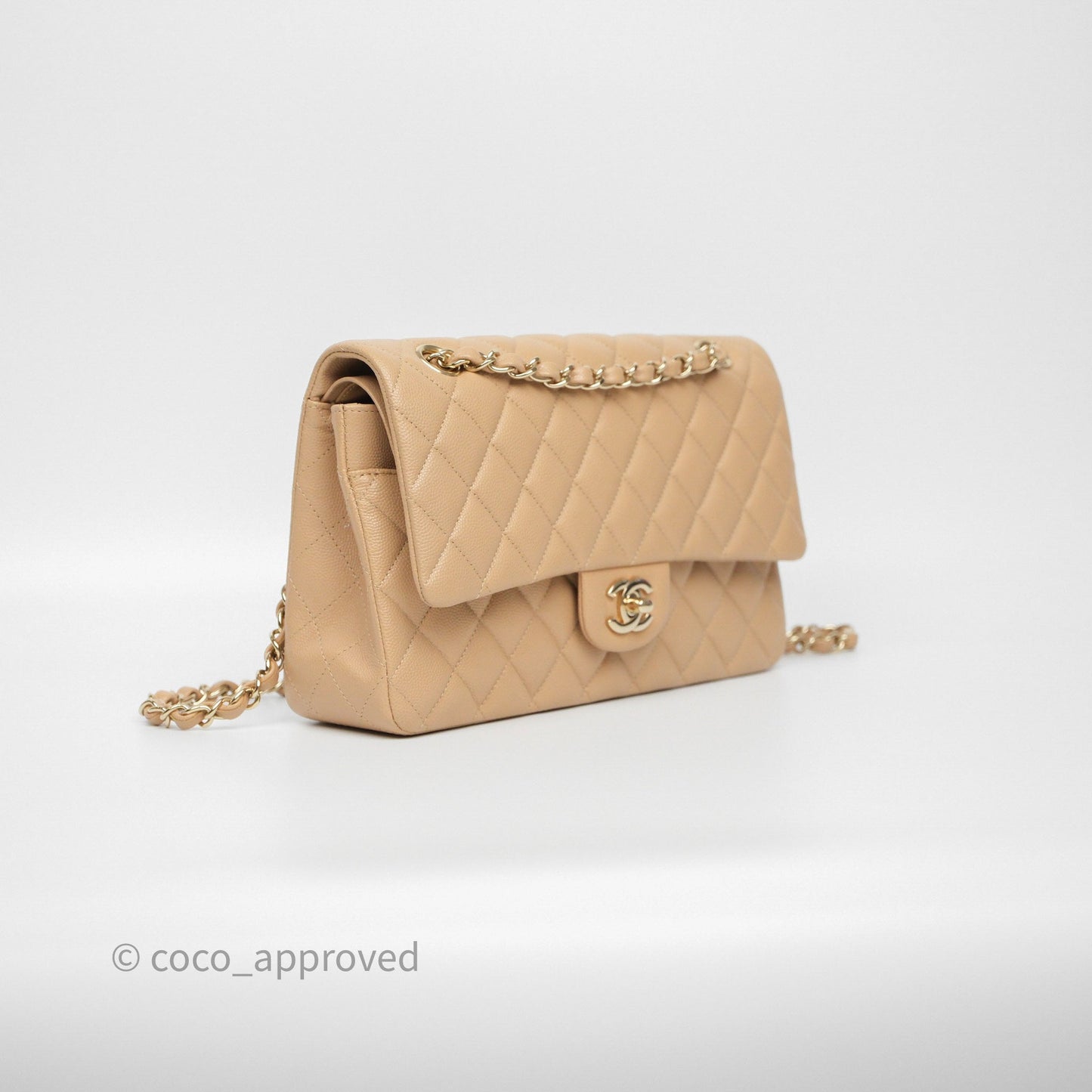 Chanel Classic M/L Medium Flap Quilted Beige Caviar Gold Hardware