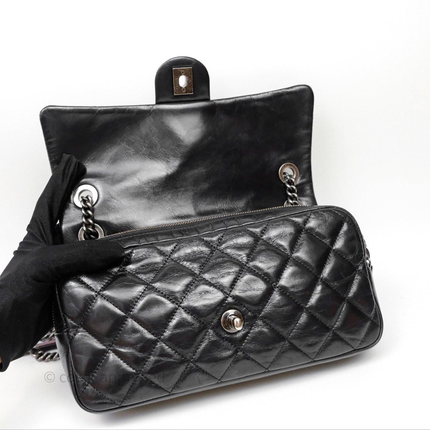Chanel Flap Bag Black Glazed Calfskin Ruthenium Hardware