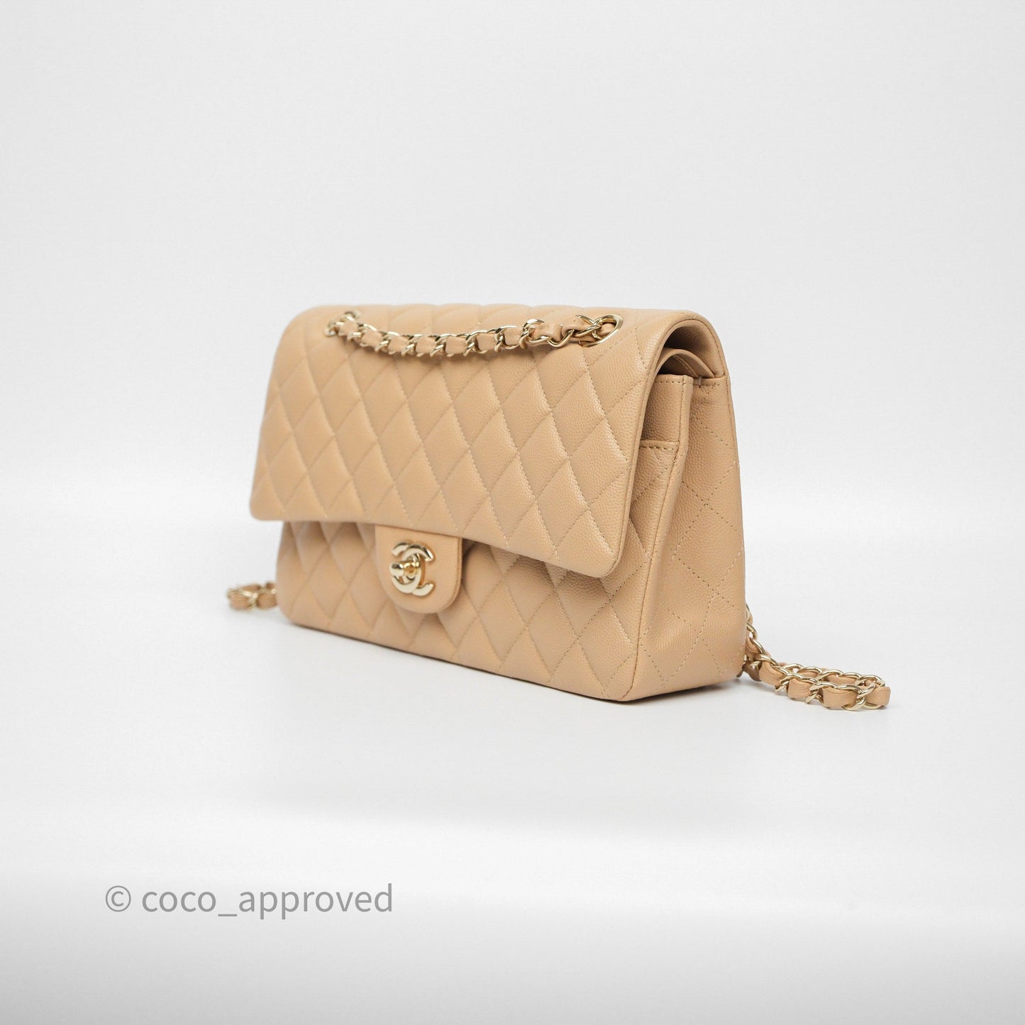 Chanel Classic M/L Medium Flap Quilted Beige Caviar Gold Hardware