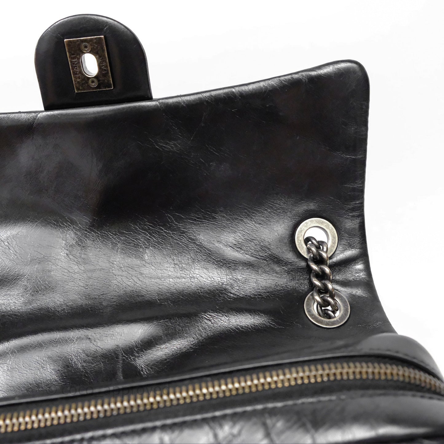Chanel Flap Bag Black Glazed Calfskin Ruthenium Hardware