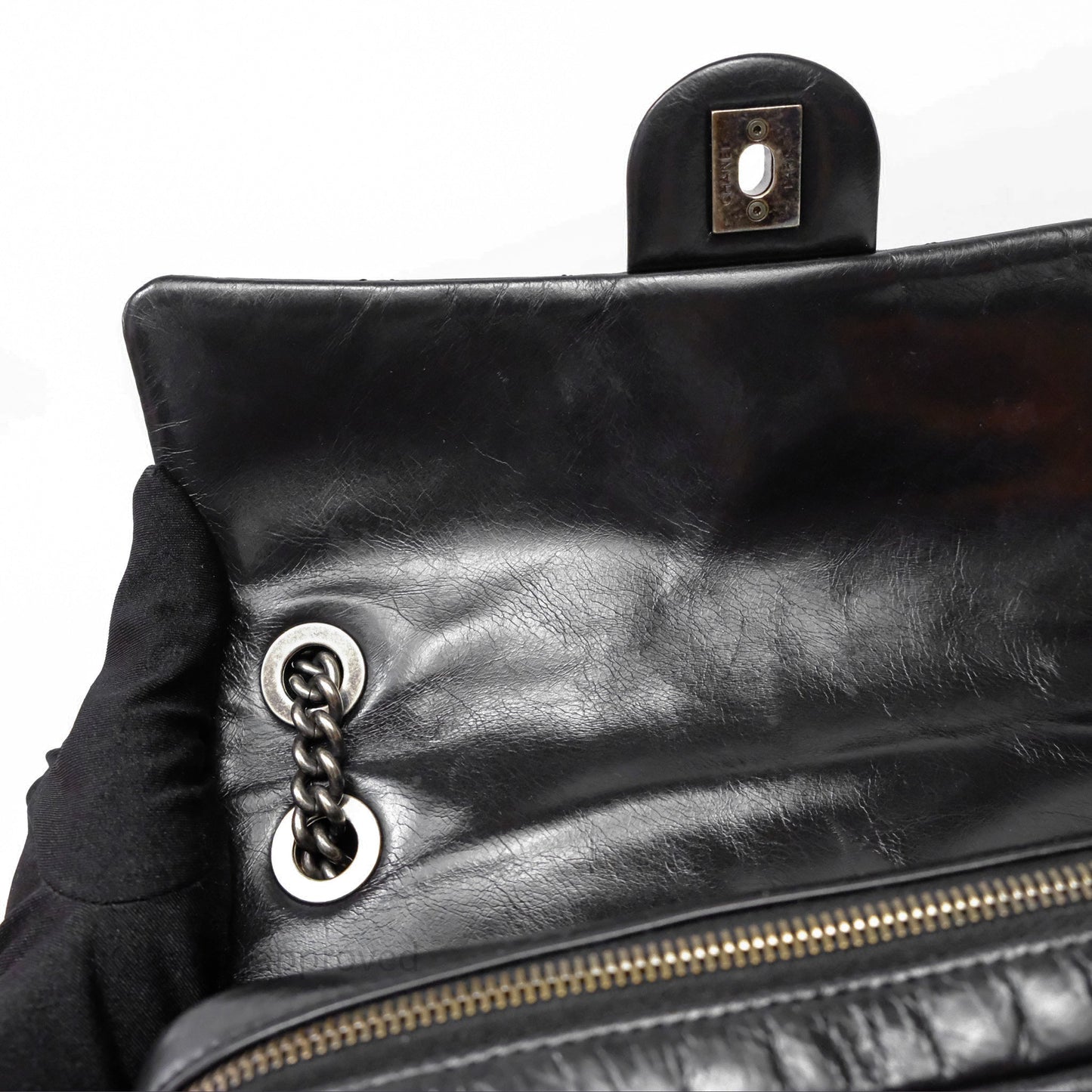 Chanel Flap Bag Black Glazed Calfskin Ruthenium Hardware