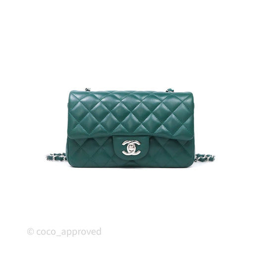 Chanel Mini Rectangular Quilted Lambskin Flap Bag Green Silver Hardware