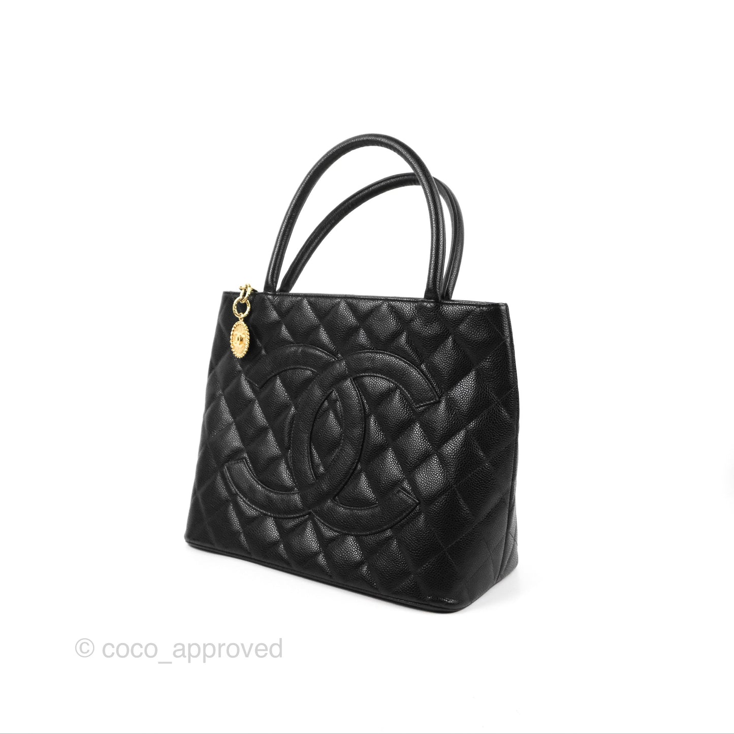 Chanel Vintage Medallion CC Tote Bag Black Caviar Gold Hardware