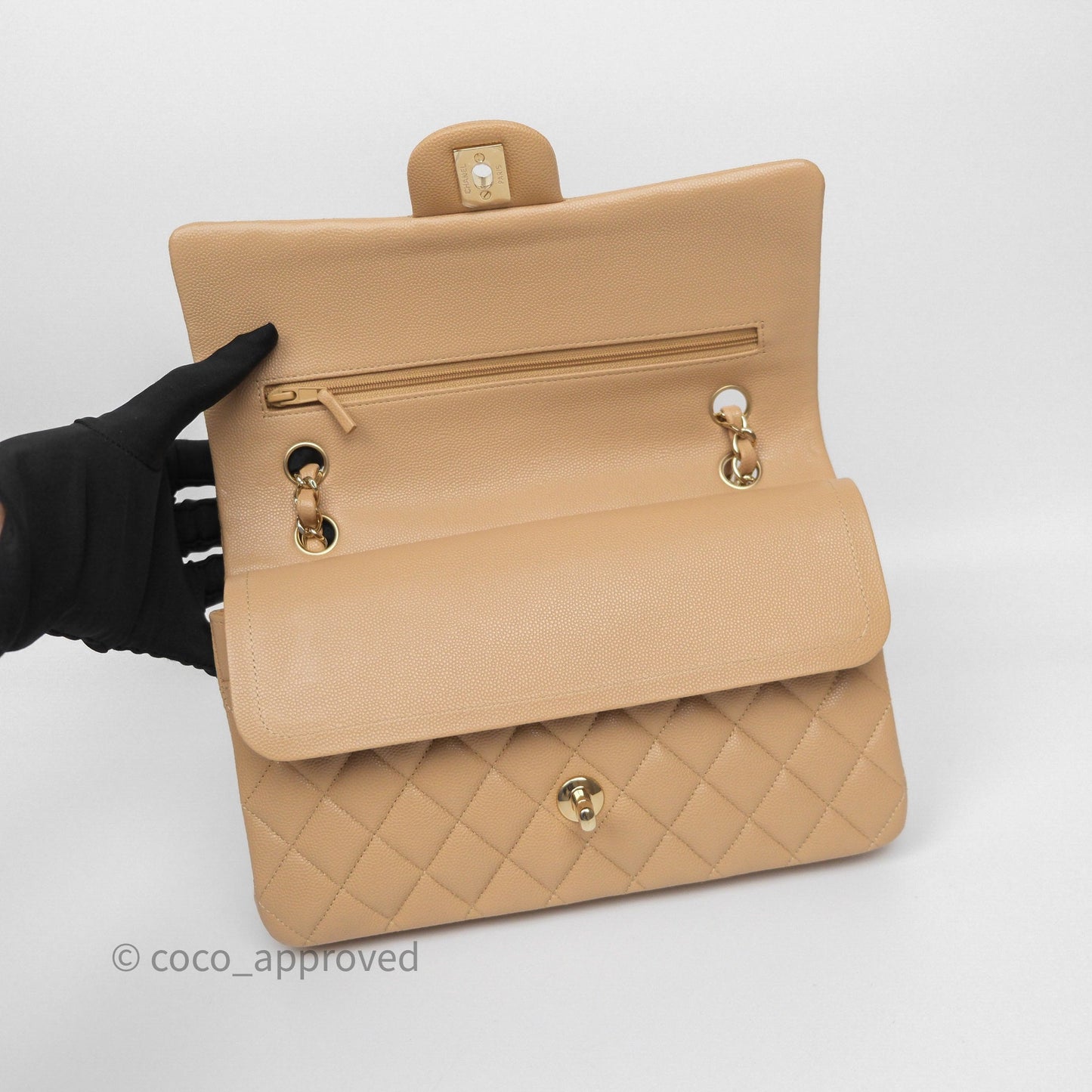Chanel Classic M/L Medium Flap Quilted Beige Caviar Gold Hardware